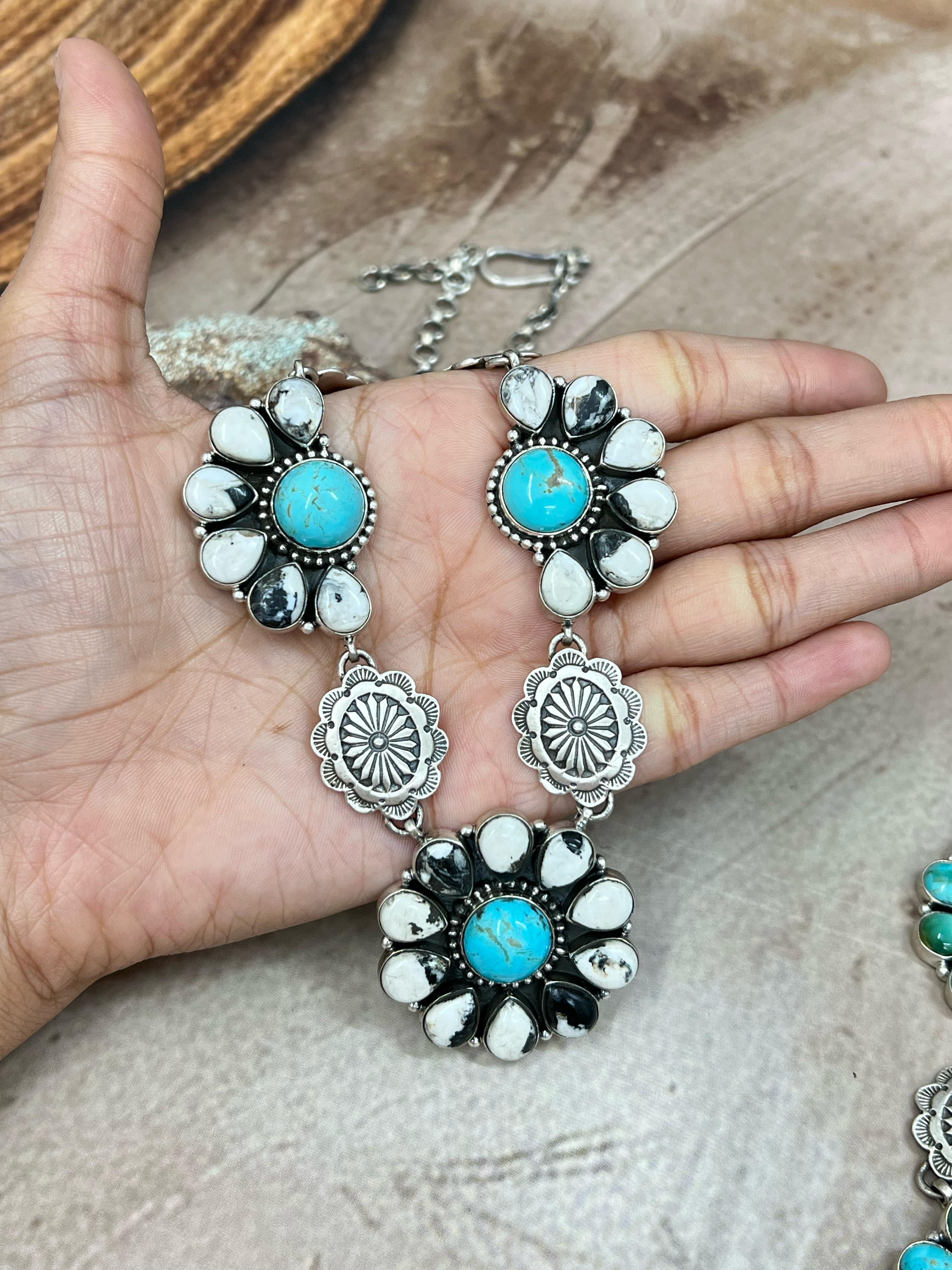 Handmade Sterling Silver Kingman with White Buffalo Turquoise, Kingman with Wild Horse Necklace with Signed Nizhoni