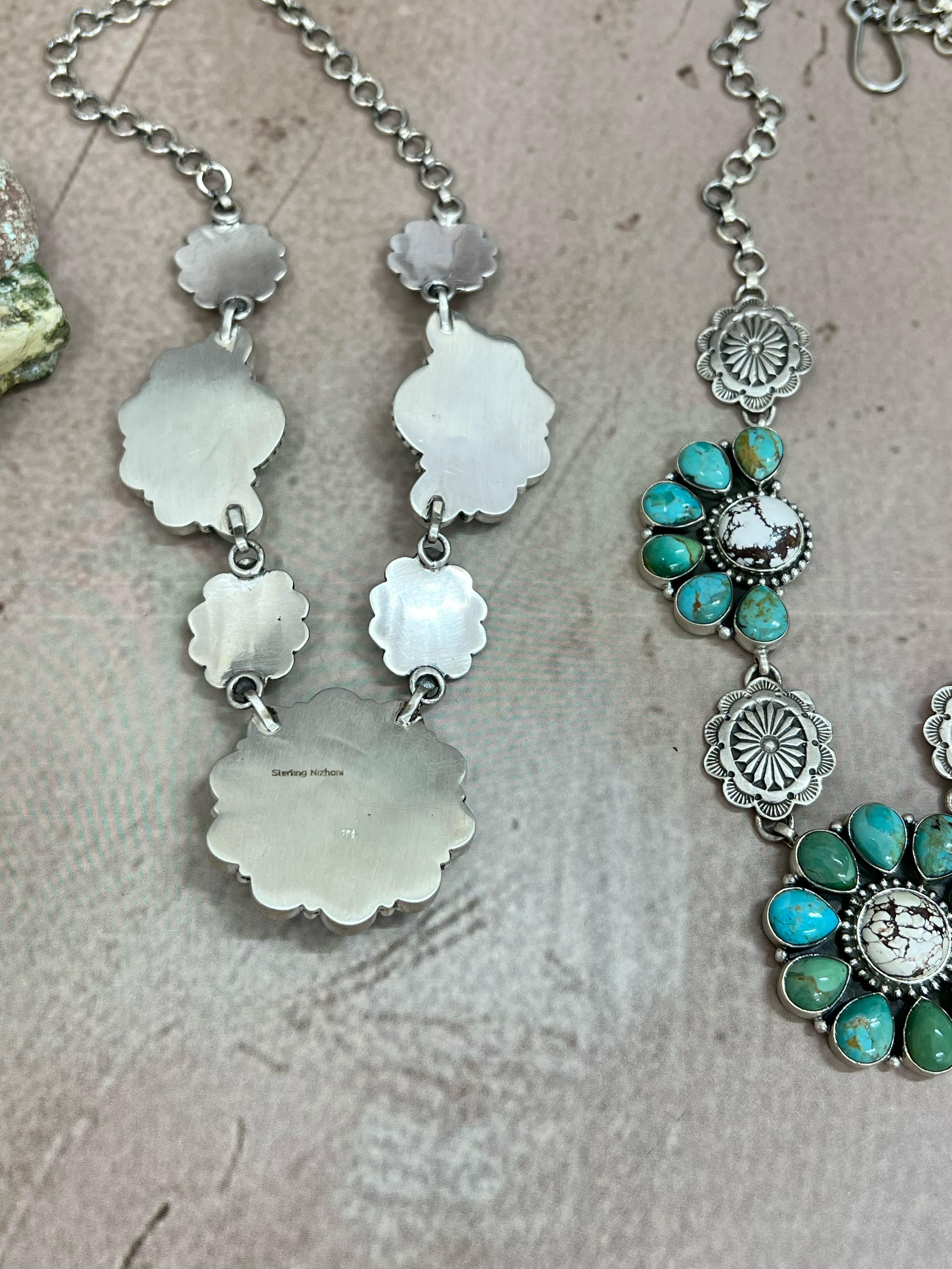 Handmade Sterling Silver Kingman with White Buffalo Turquoise, Kingman with Wild Horse Necklace with Signed Nizhoni