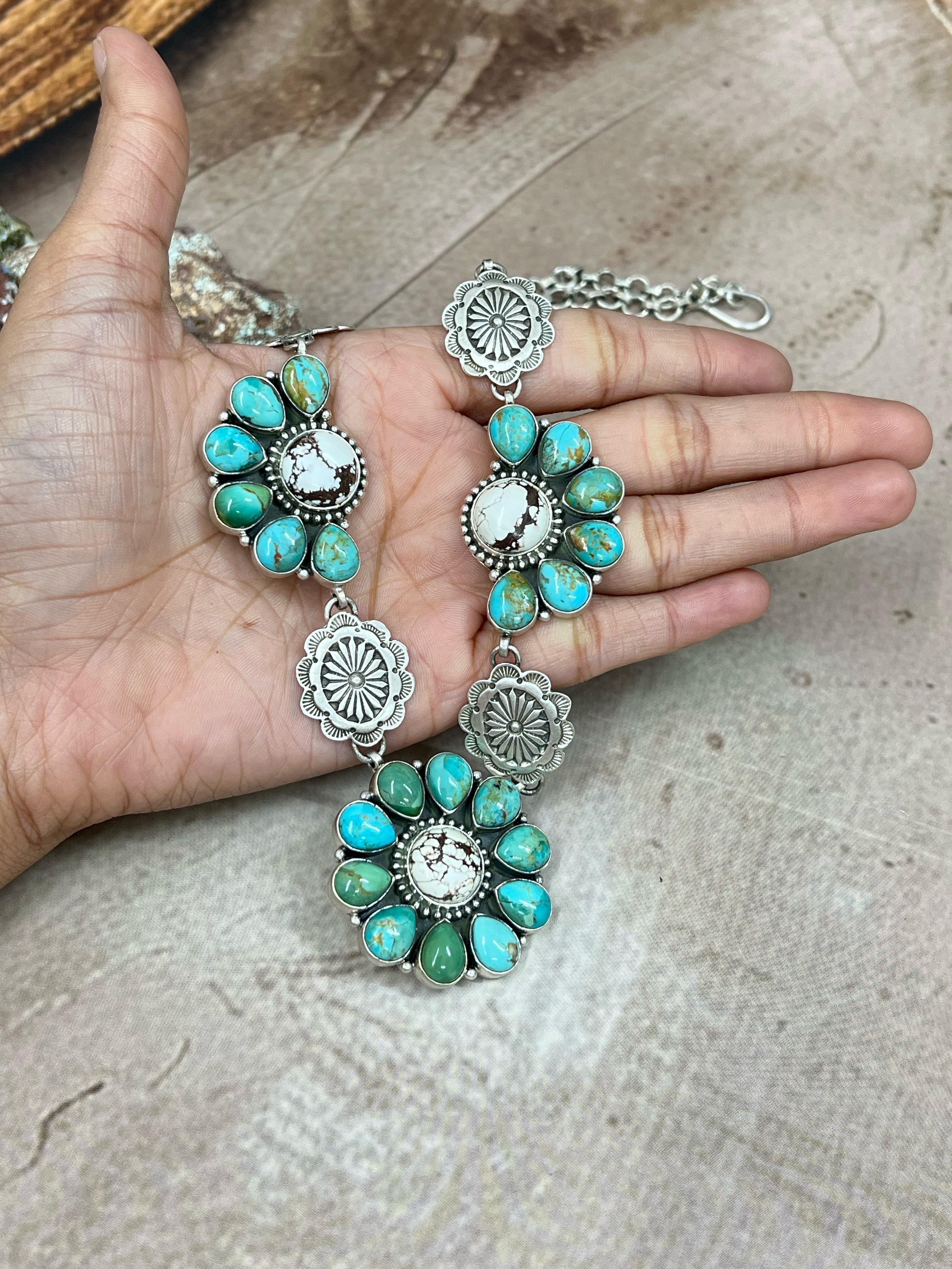 Handmade Sterling Silver Kingman with White Buffalo Turquoise, Kingman with Wild Horse Necklace with Signed Nizhoni