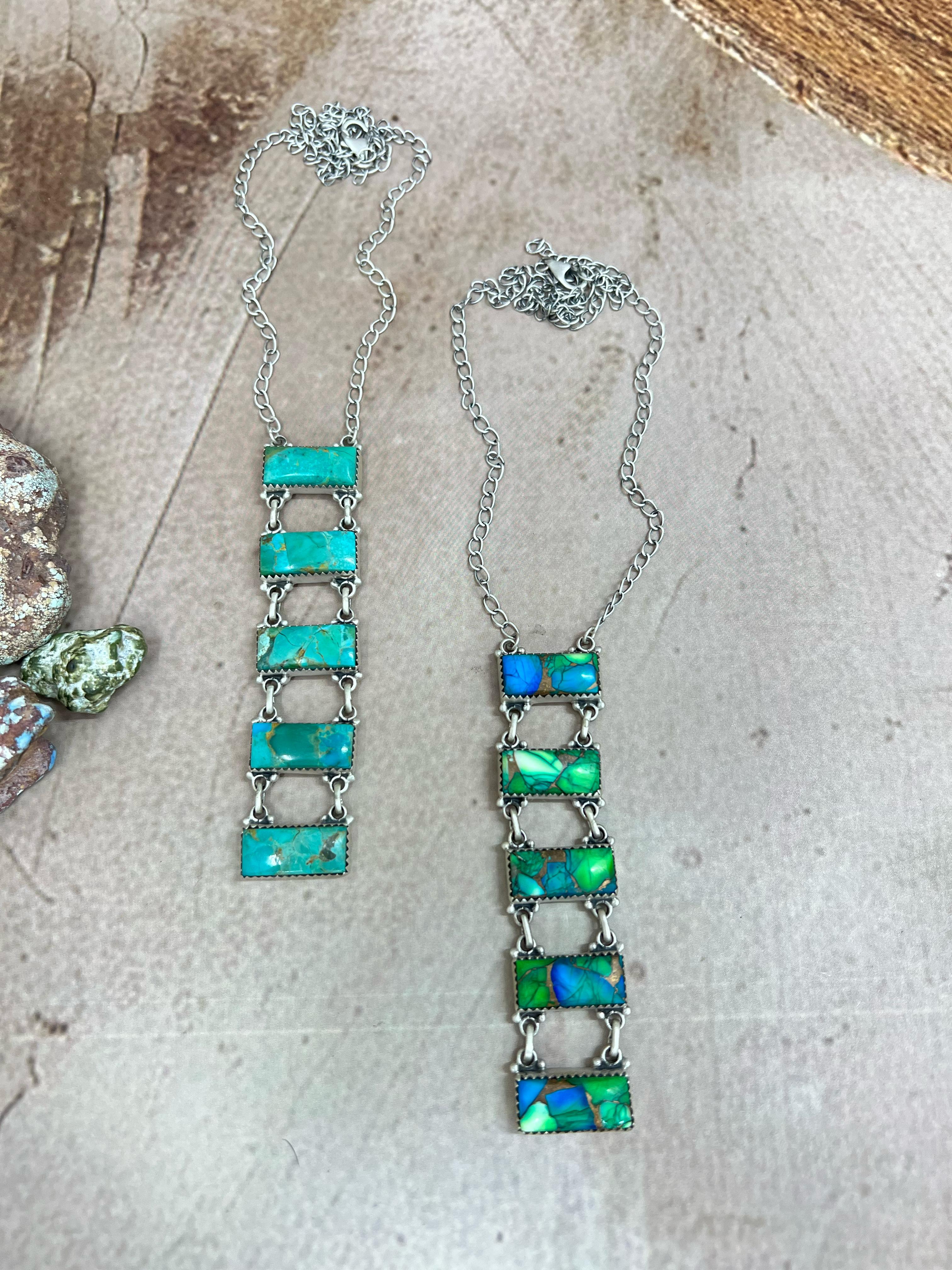 Handmade Sterling Silver Kingman Turquoise, Peacock Dahlia Necklace with Signed Nizhoni (h6)