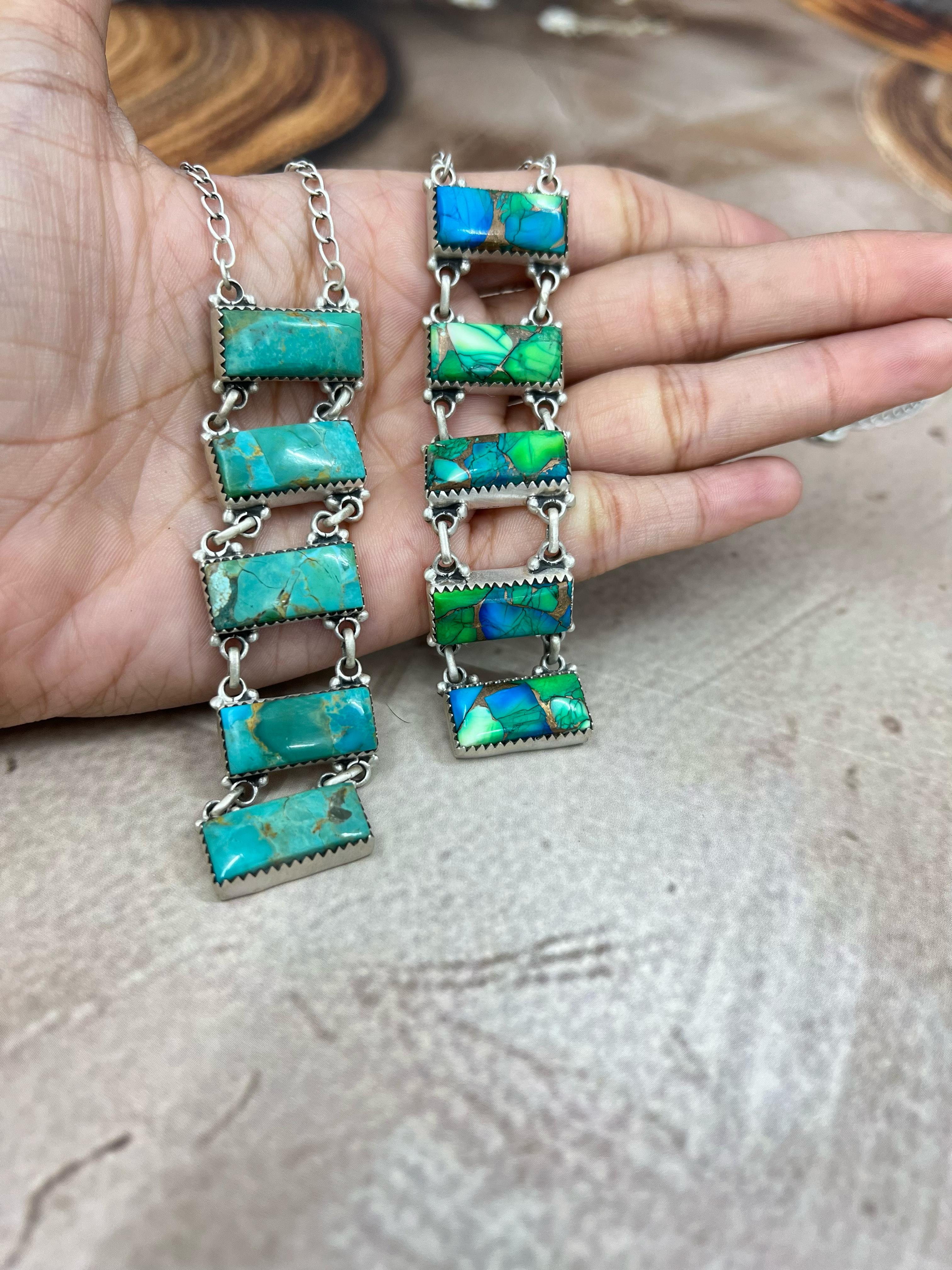 Handmade Sterling Silver Kingman Turquoise, Peacock Dahlia Necklace with Signed Nizhoni (h6)