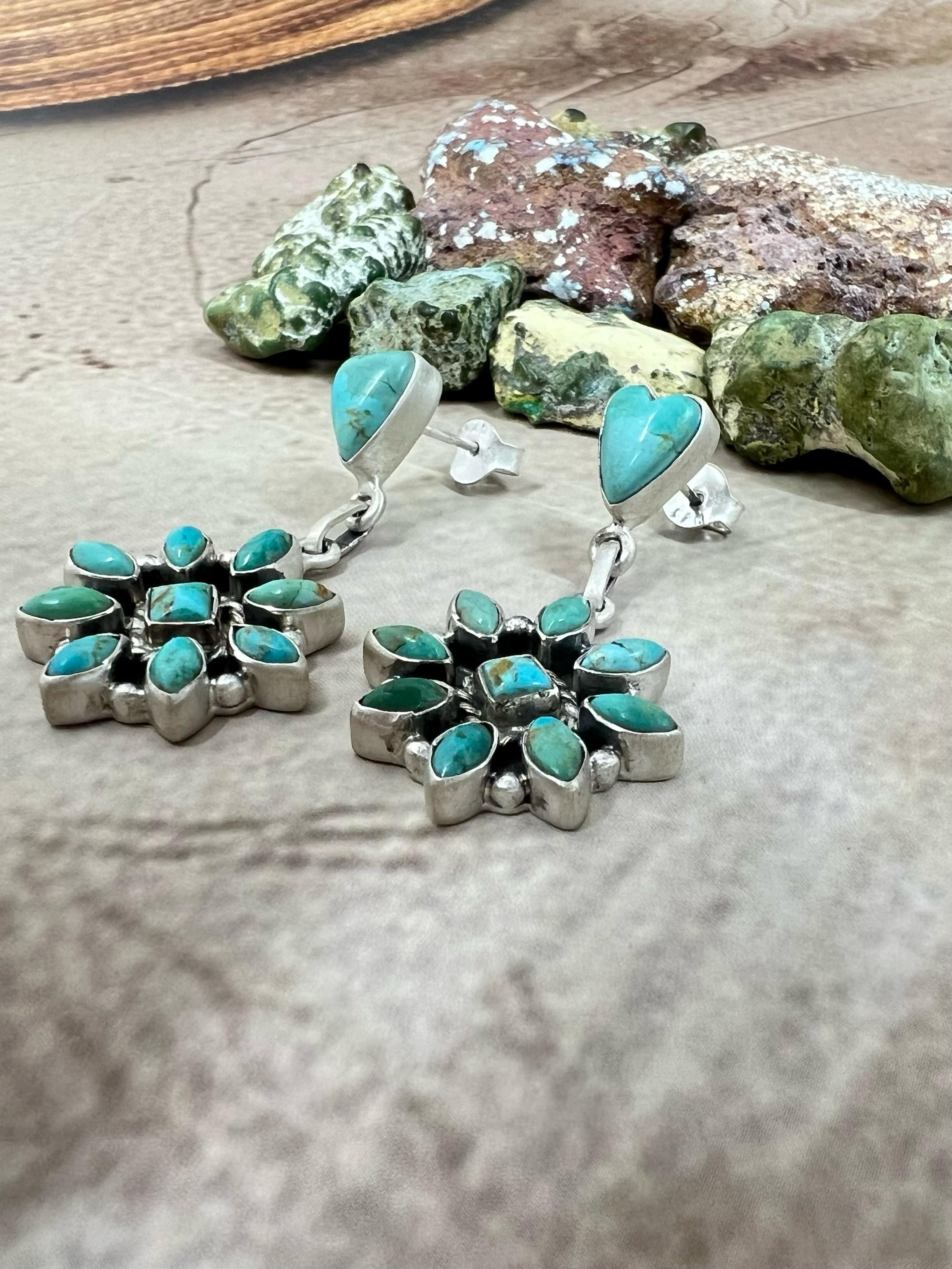Handmade Sterling Silver Kingman Turquoise Dangle Earrings with Signed Nizhoni (h5)