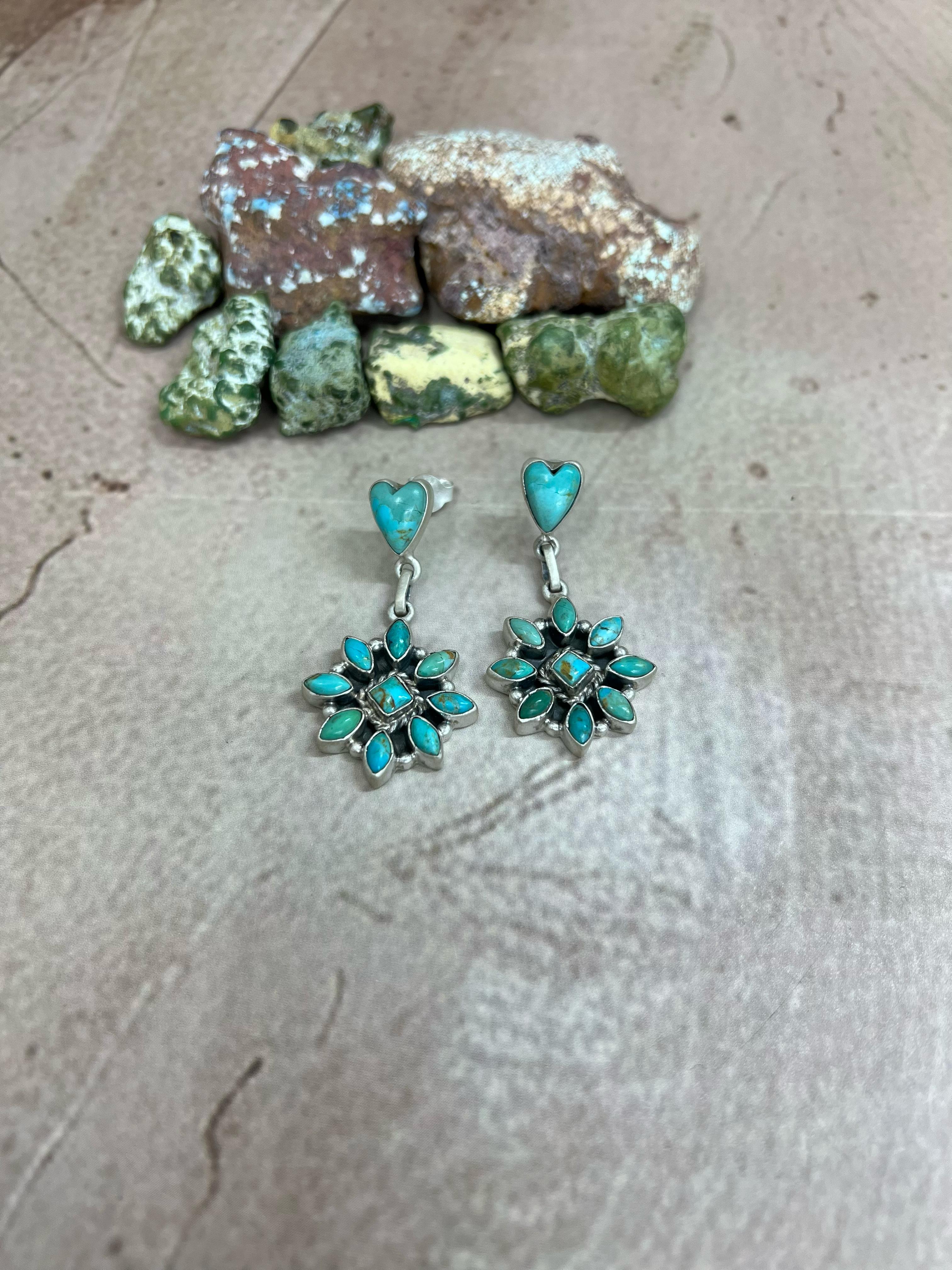 Handmade Sterling Silver Kingman Turquoise Dangle Earrings with Signed Nizhoni (h5)