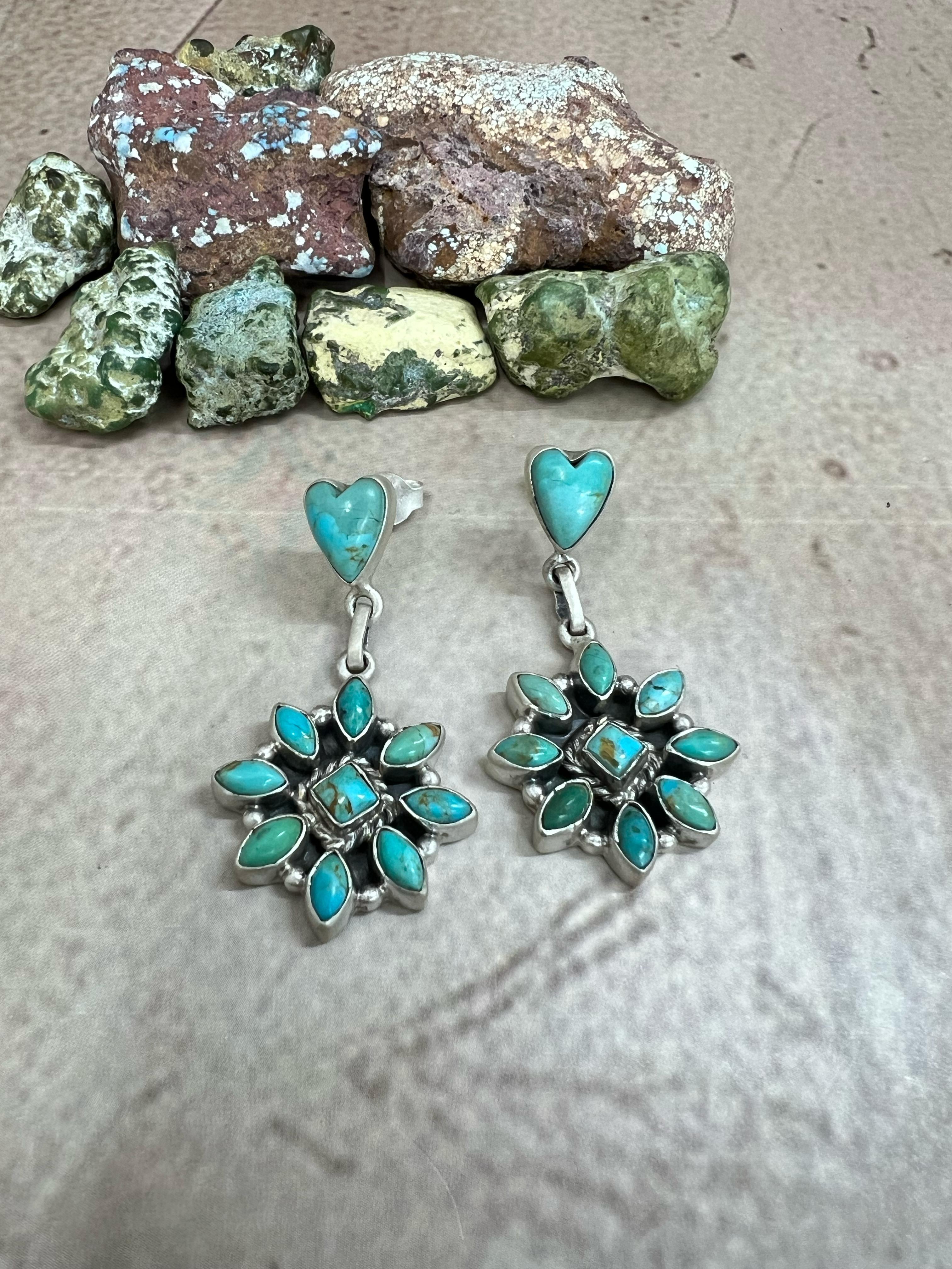 Handmade Sterling Silver Kingman Turquoise Dangle Earrings with Signed Nizhoni (h5)