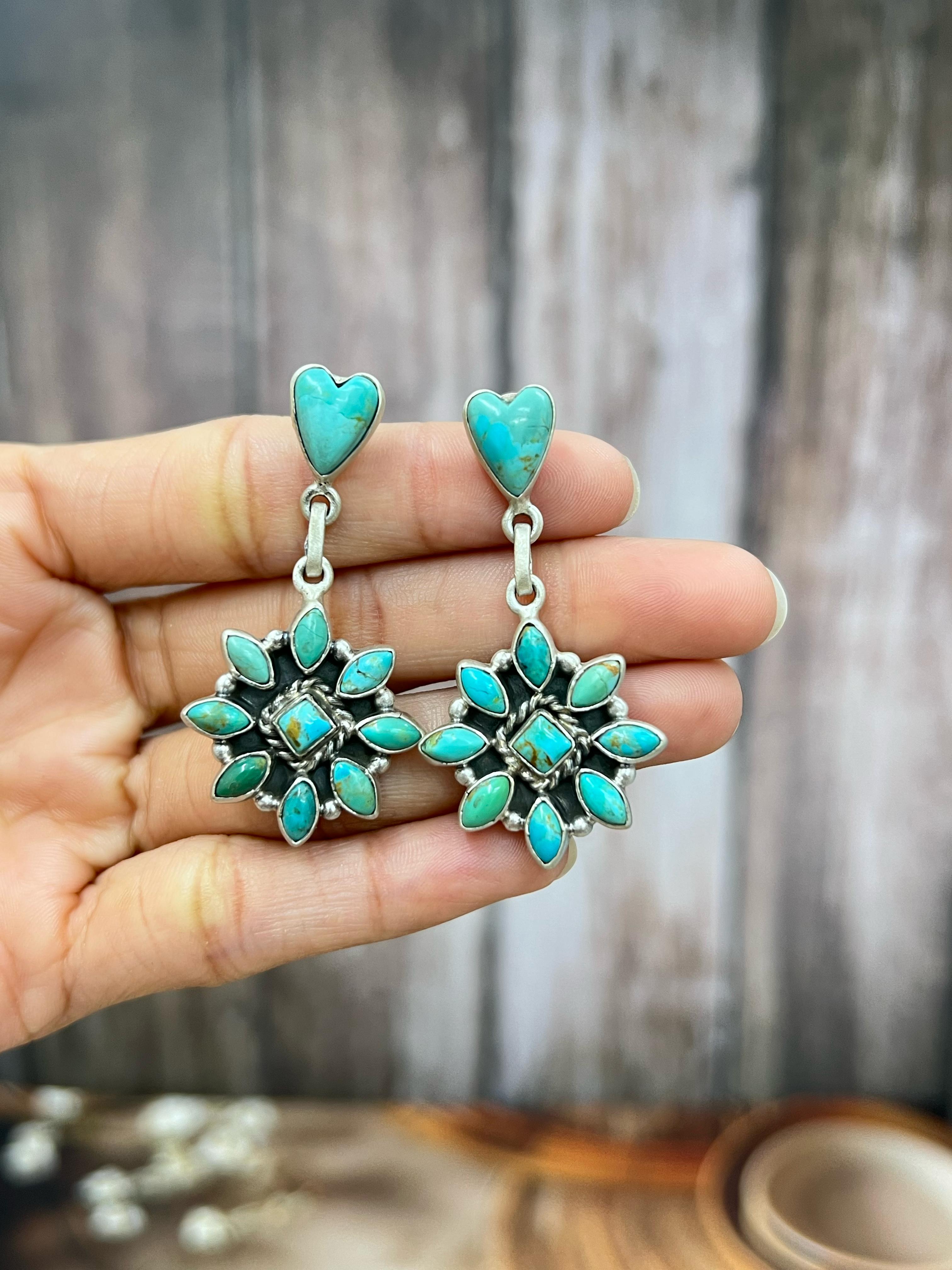 Handmade Sterling Silver Kingman Turquoise Dangle Earrings with Signed Nizhoni (h5)