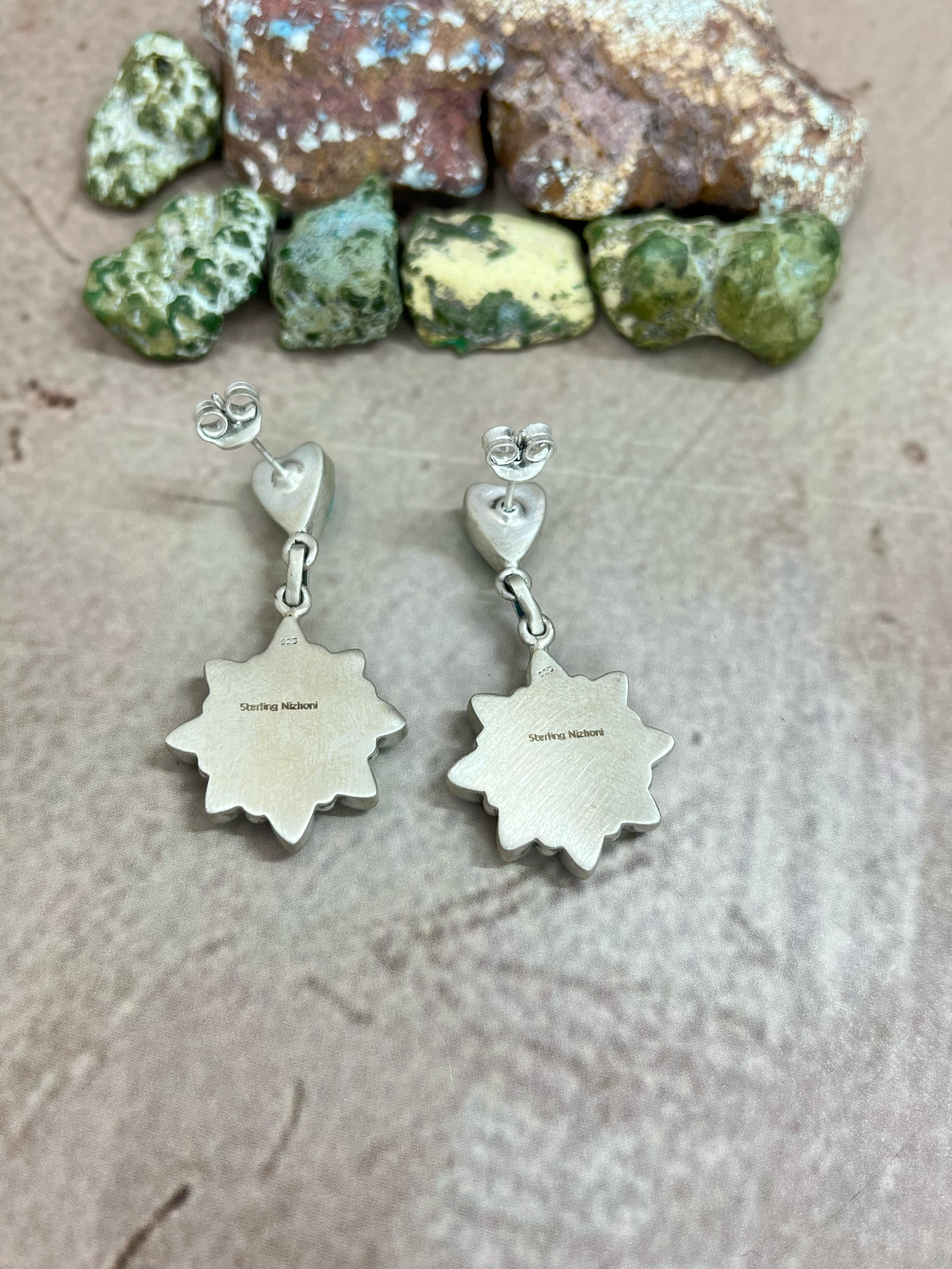 Handmade Sterling Silver Kingman Turquoise Dangle Earrings with Signed Nizhoni (h5)