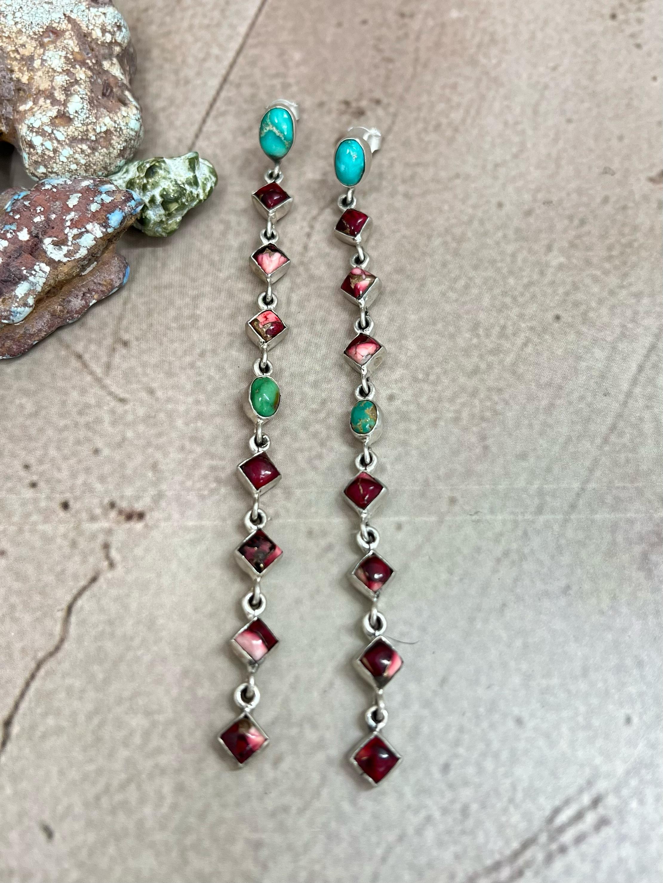 Handmade Sterling Silver Emerald Valley with Dahlia Rose Dangle Earrings with Signed Nizhoni