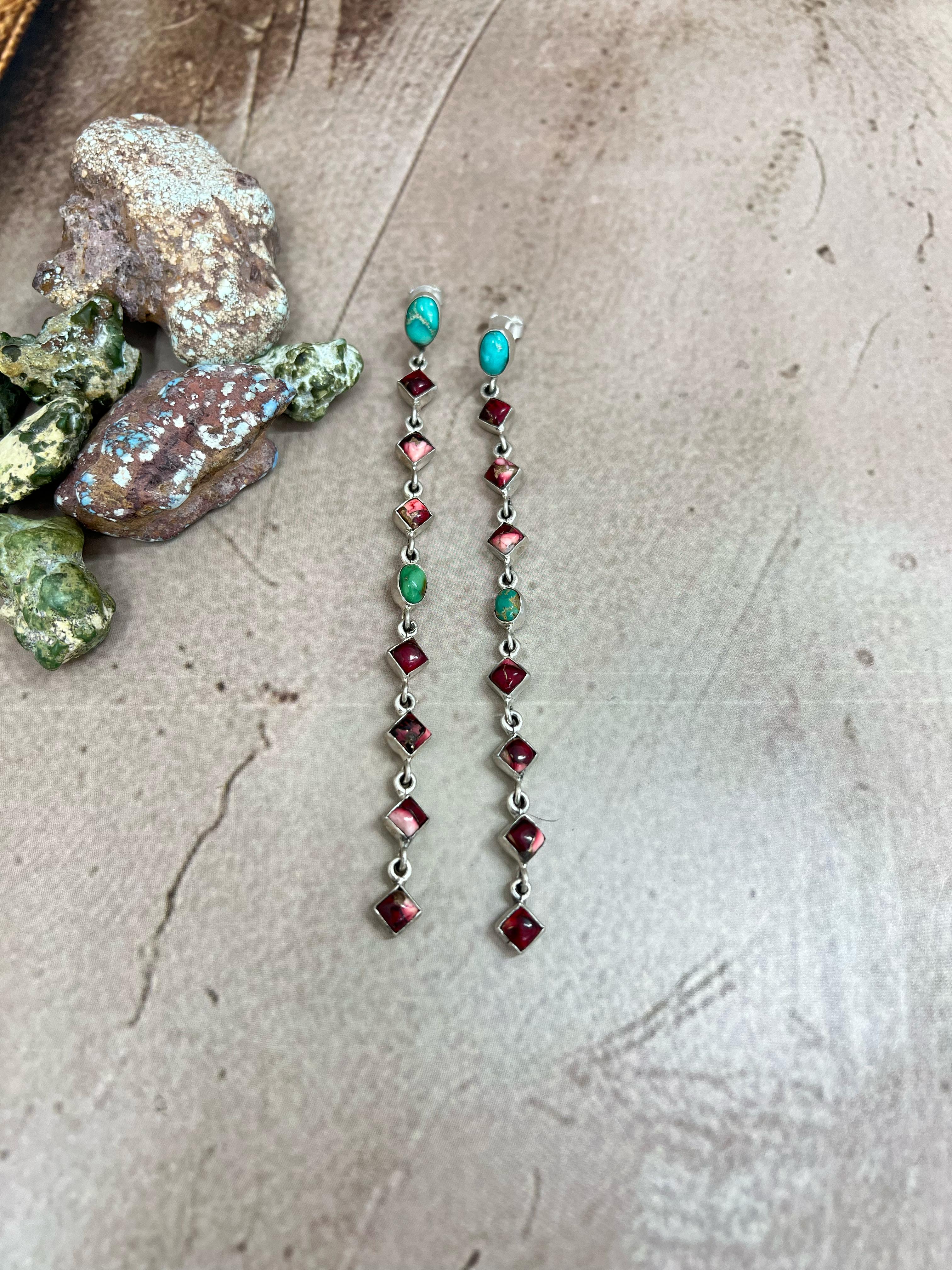 Handmade Sterling Silver Emerald Valley with Dahlia Rose Dangle Earrings with Signed Nizhoni