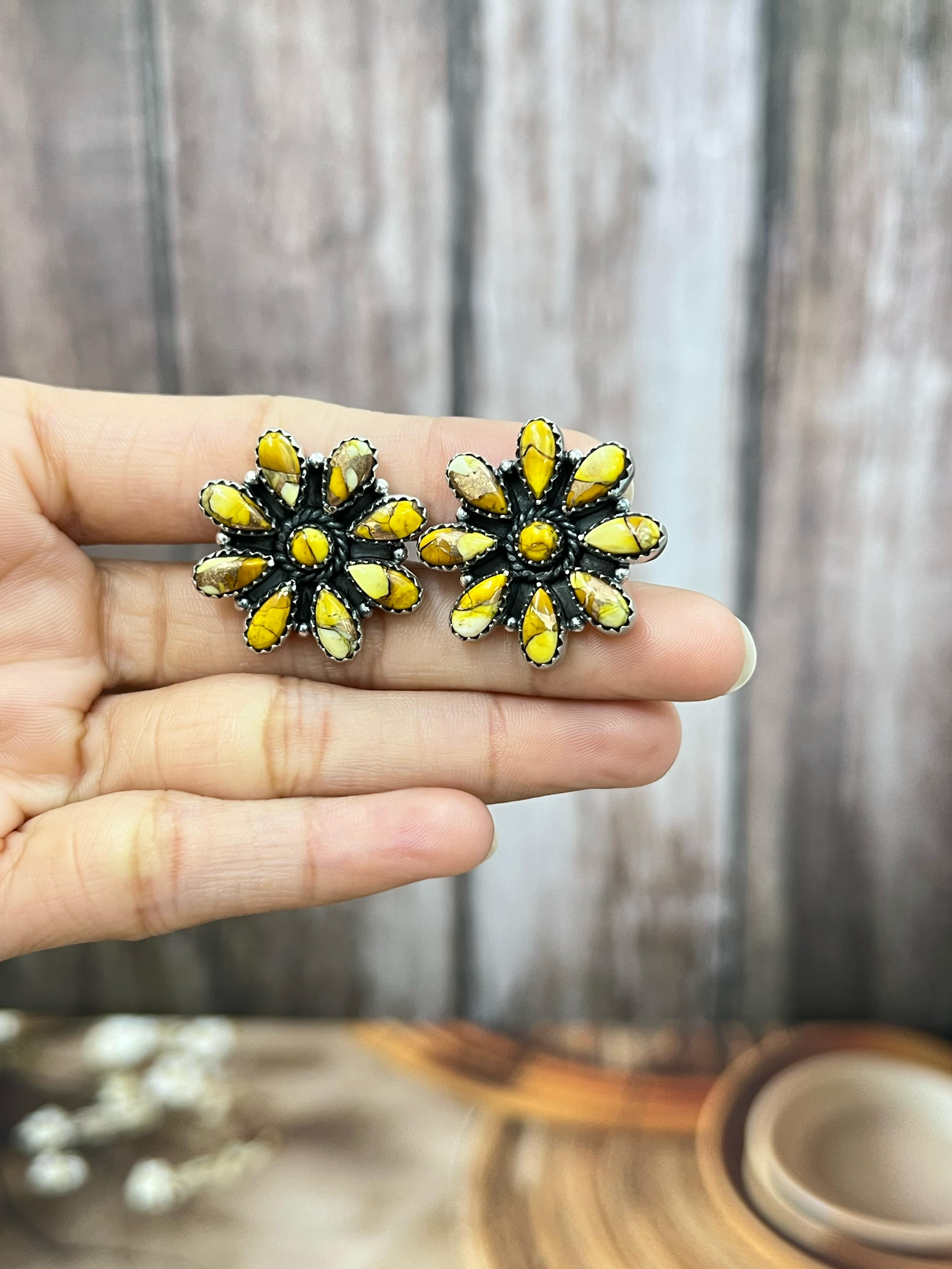 Handmade Sterling Silver Honey Dahlia Post Earrings with Signed Nizhoni