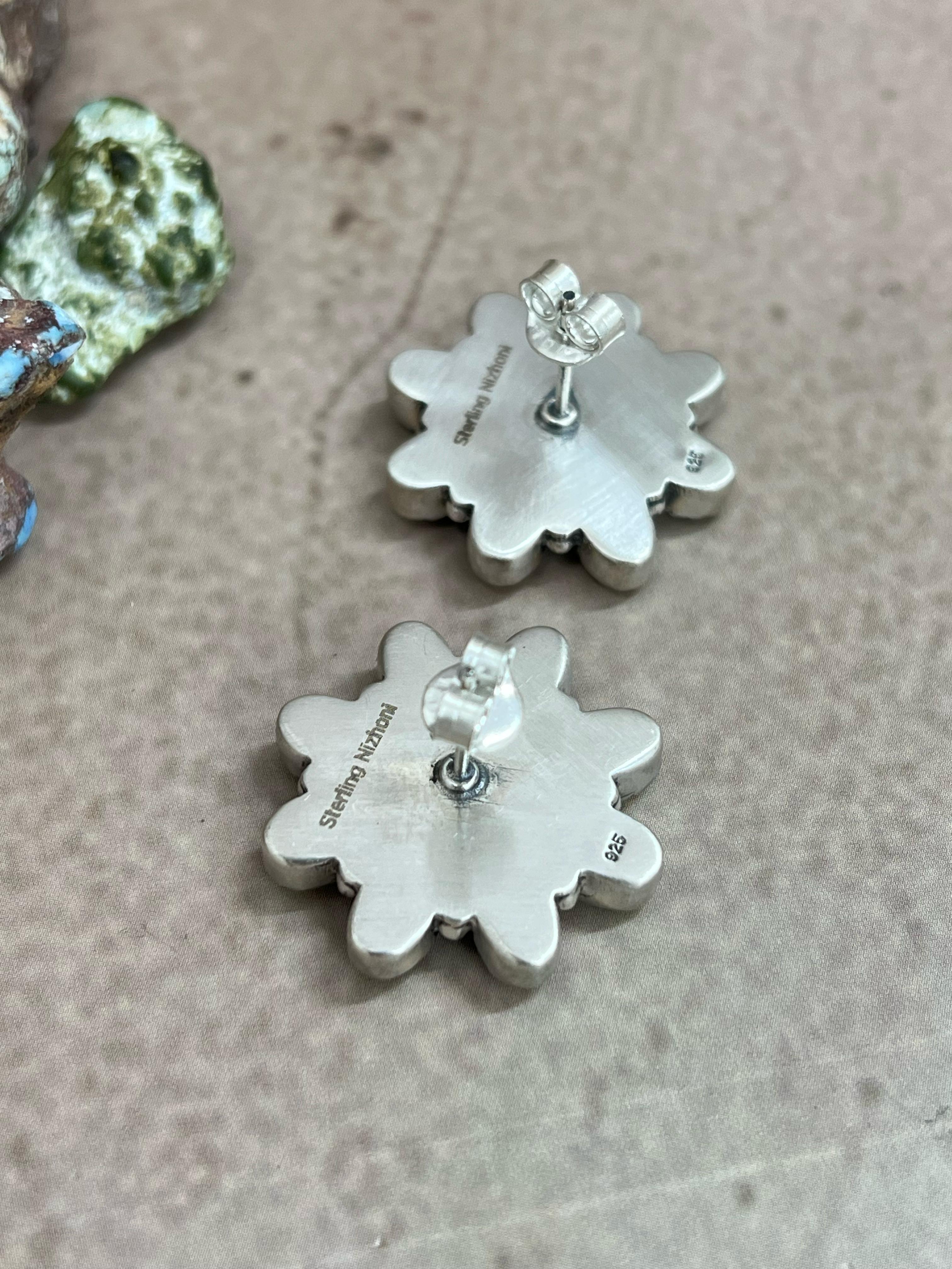 Handmade Sterling Silver Honey Dahlia Post Earrings with Signed Nizhoni