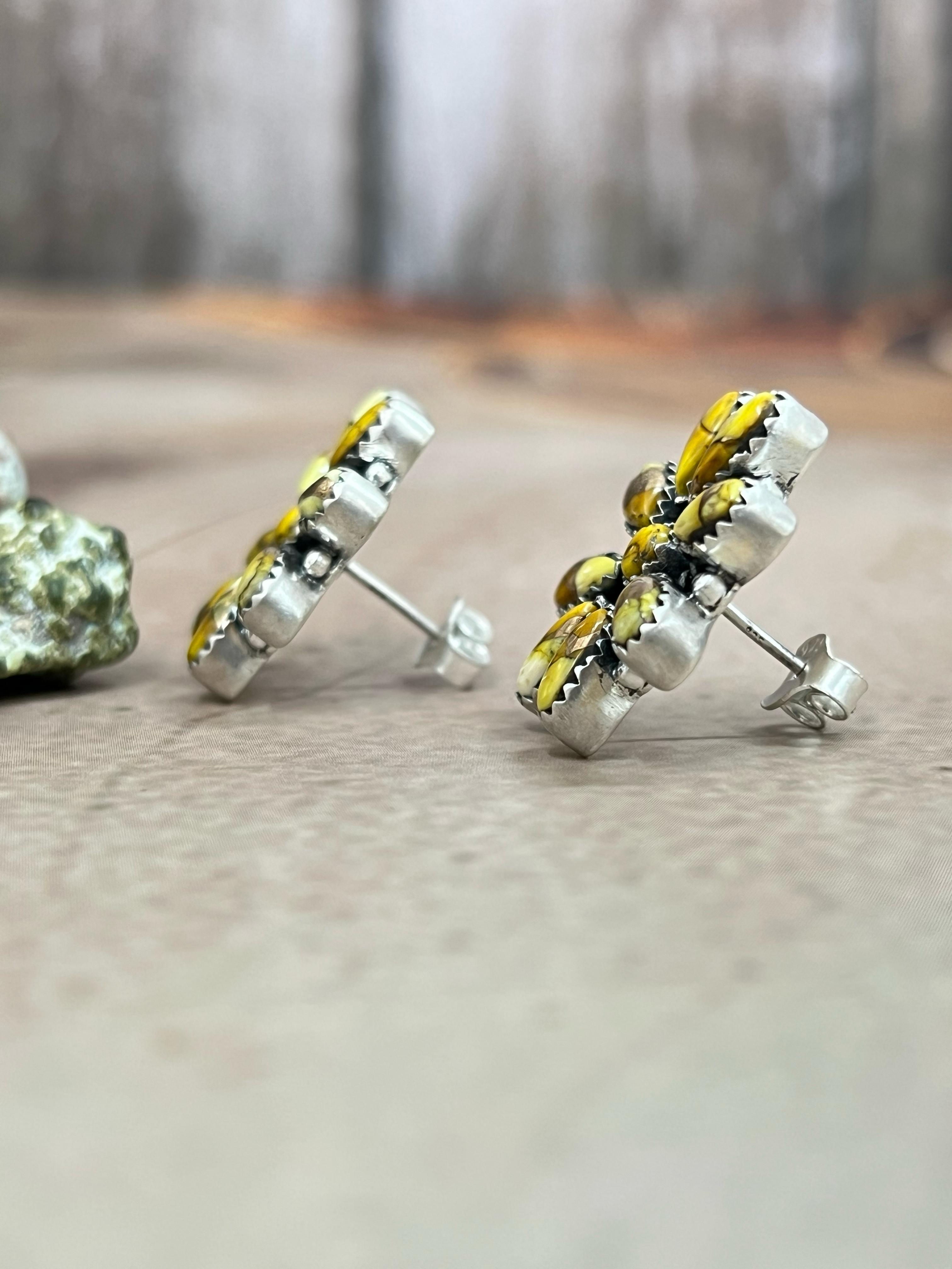 Handmade Sterling Silver Honey Dahlia Post Earrings with Signed Nizhoni