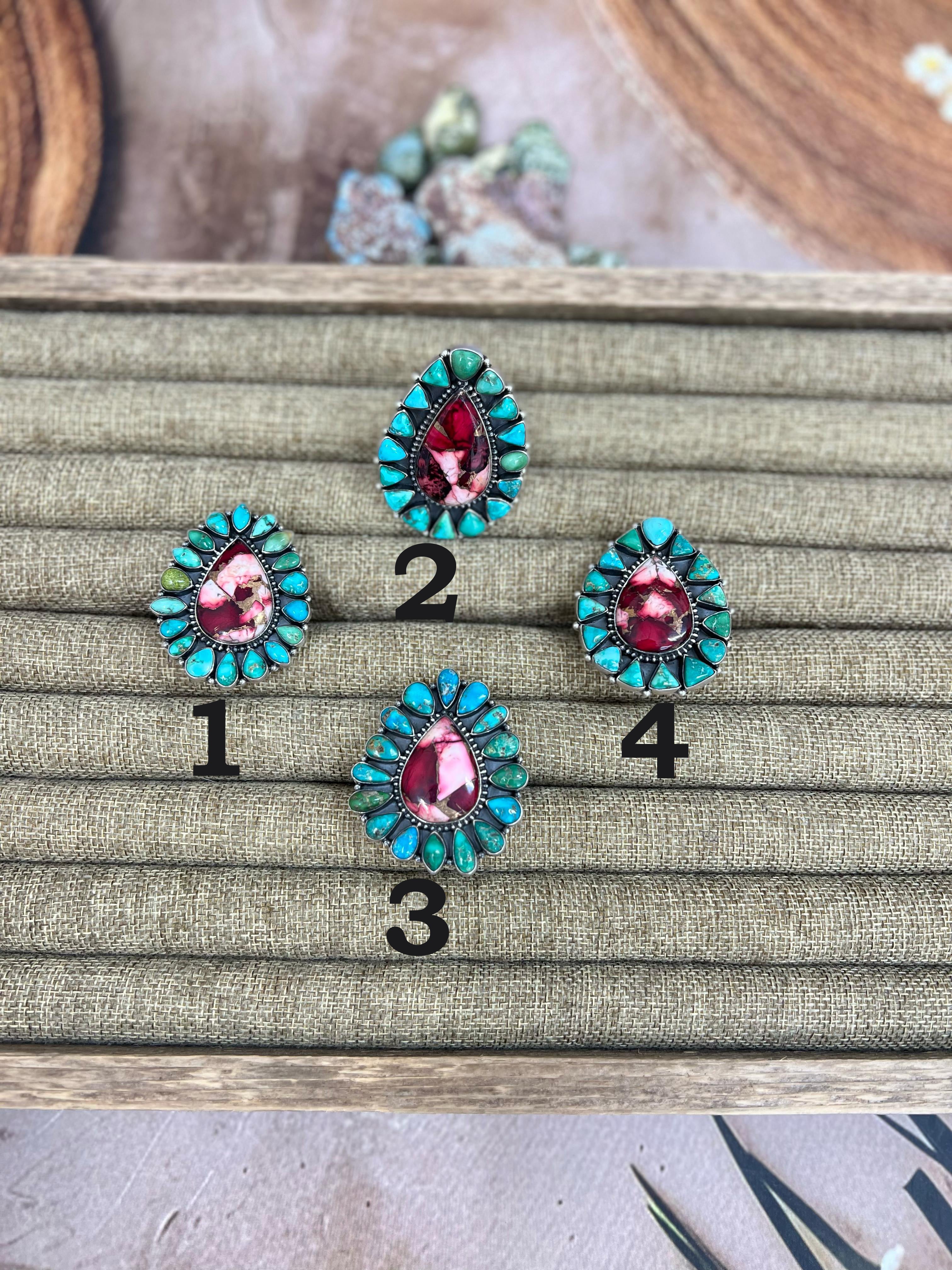 Handmade Sterling Silver Emerald Valley with Dahlia Rose Adjustable Ring, Signed Nizhoni