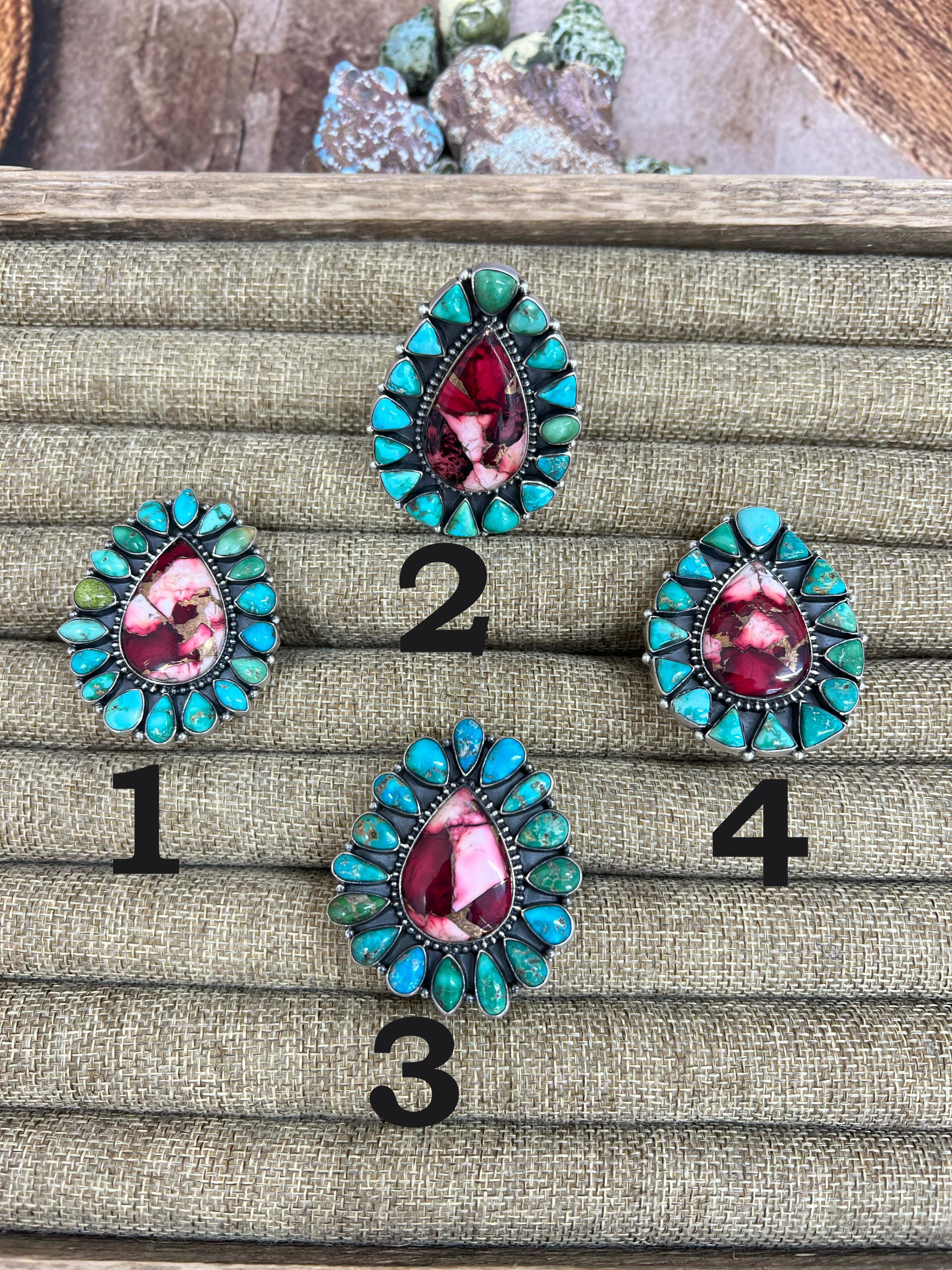 Handmade Sterling Silver Emerald Valley with Dahlia Rose Adjustable Ring, Signed Nizhoni