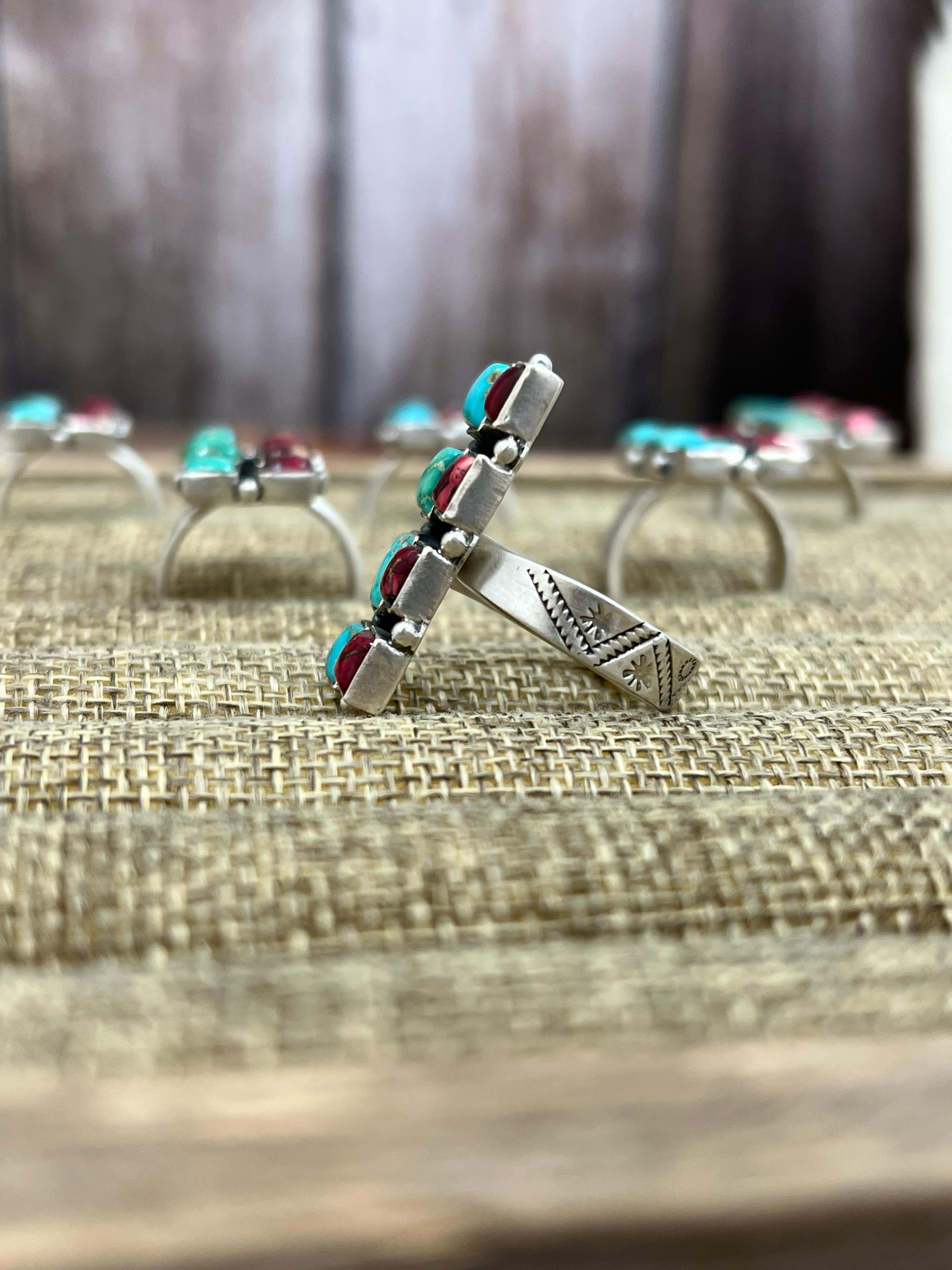 Handmade Sterling Silver Emerald Valley with Dahlia Rose Adjustable Ring, Signed Nizhoni