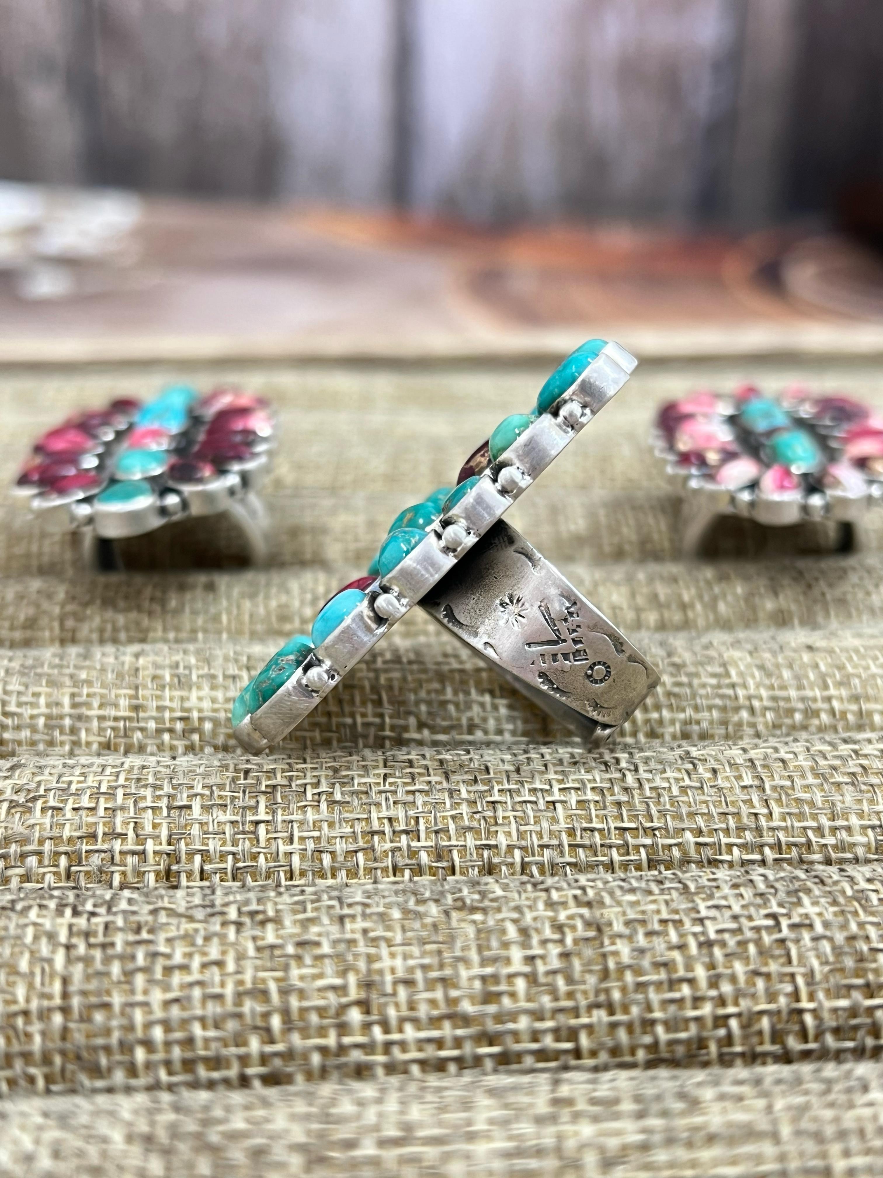 Handmade Sterling Silver Emerald Valley with Dahlia Rose Adjustable Ring, Signed Nizhoni