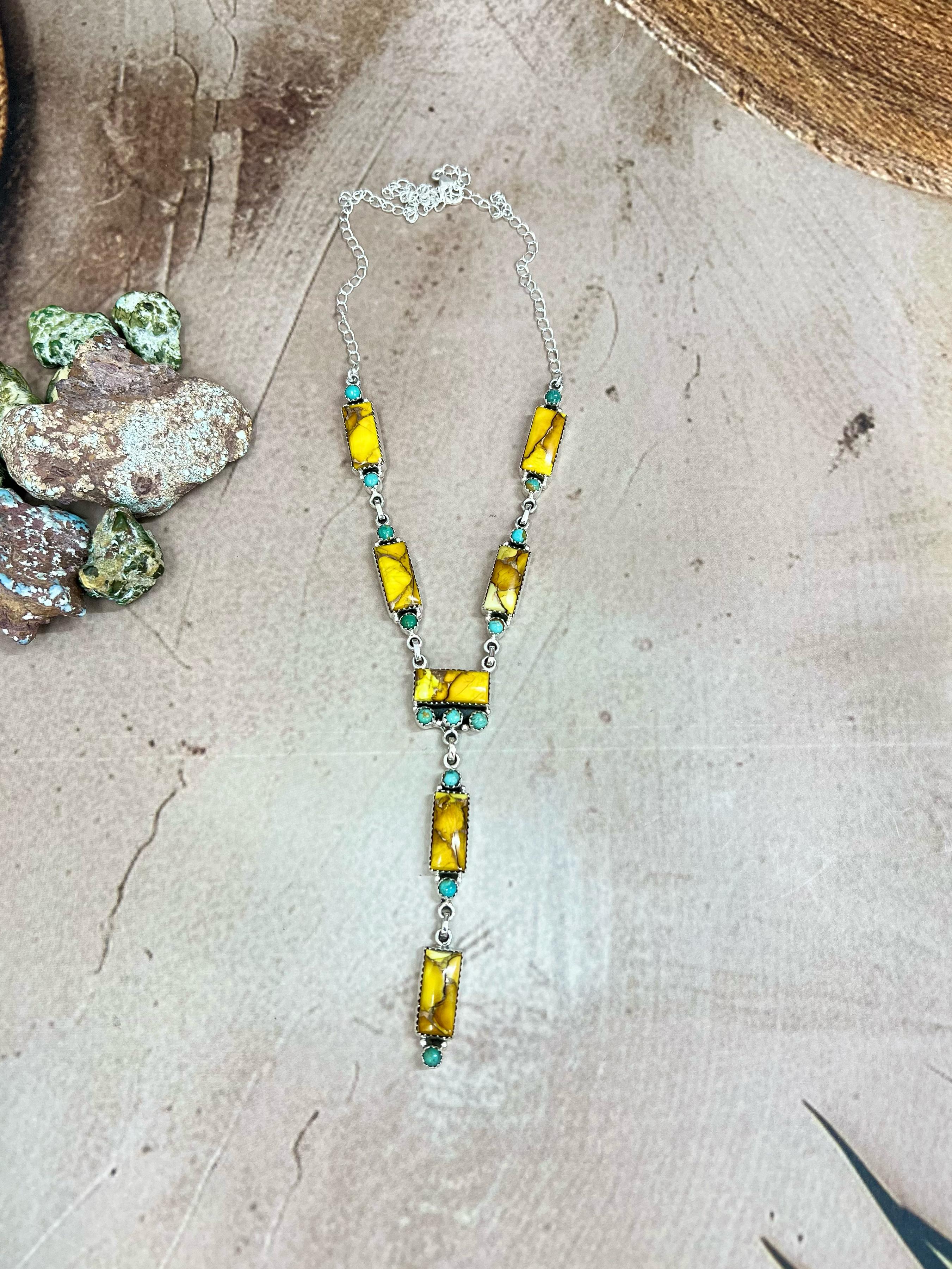 Handmade Sterling Silver Honey Dahlia with Kingman Turquoise Necklace, Signed Nizhoni