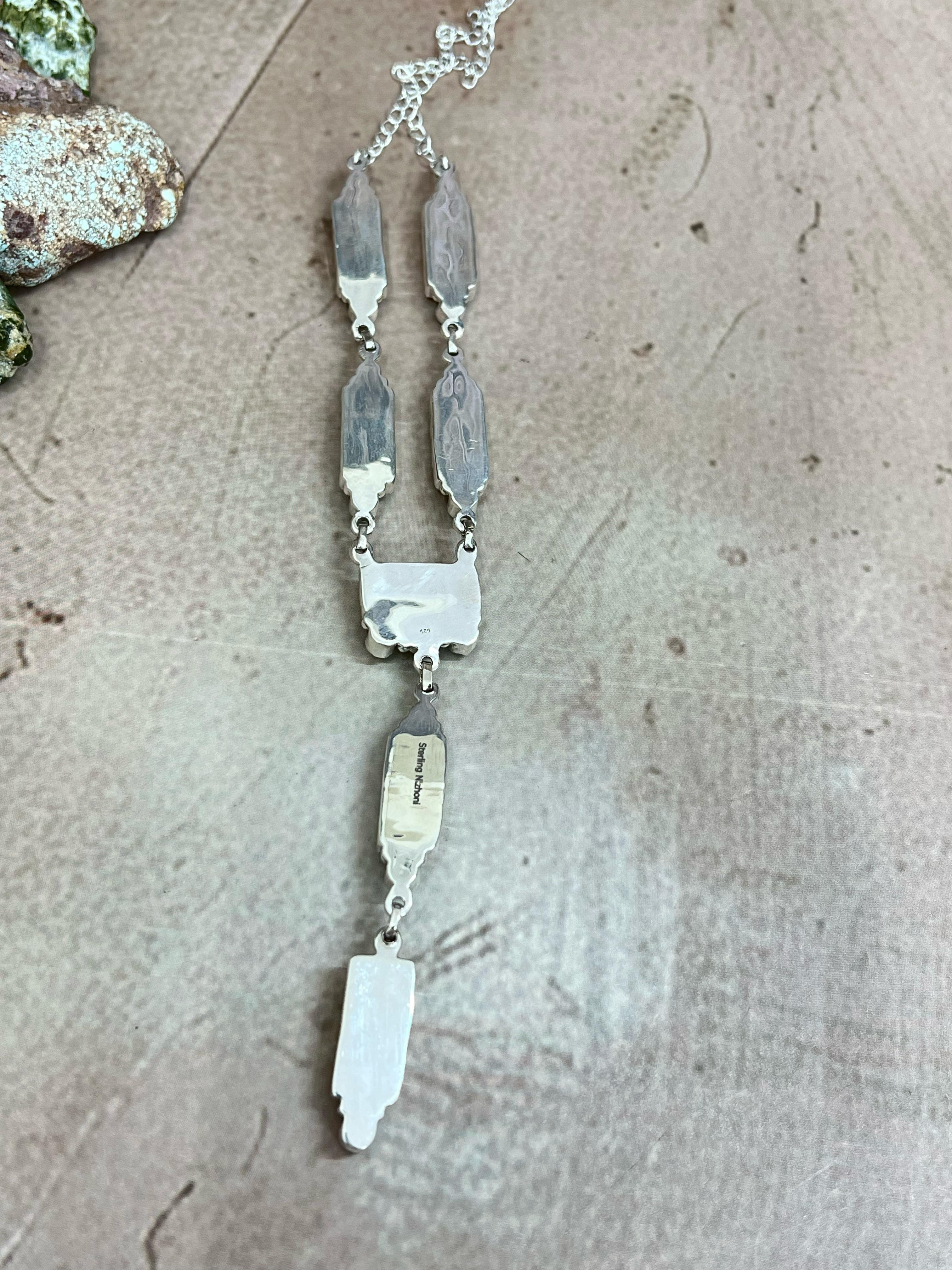 Handmade Sterling Silver Honey Dahlia with Kingman Turquoise Necklace, Signed Nizhoni