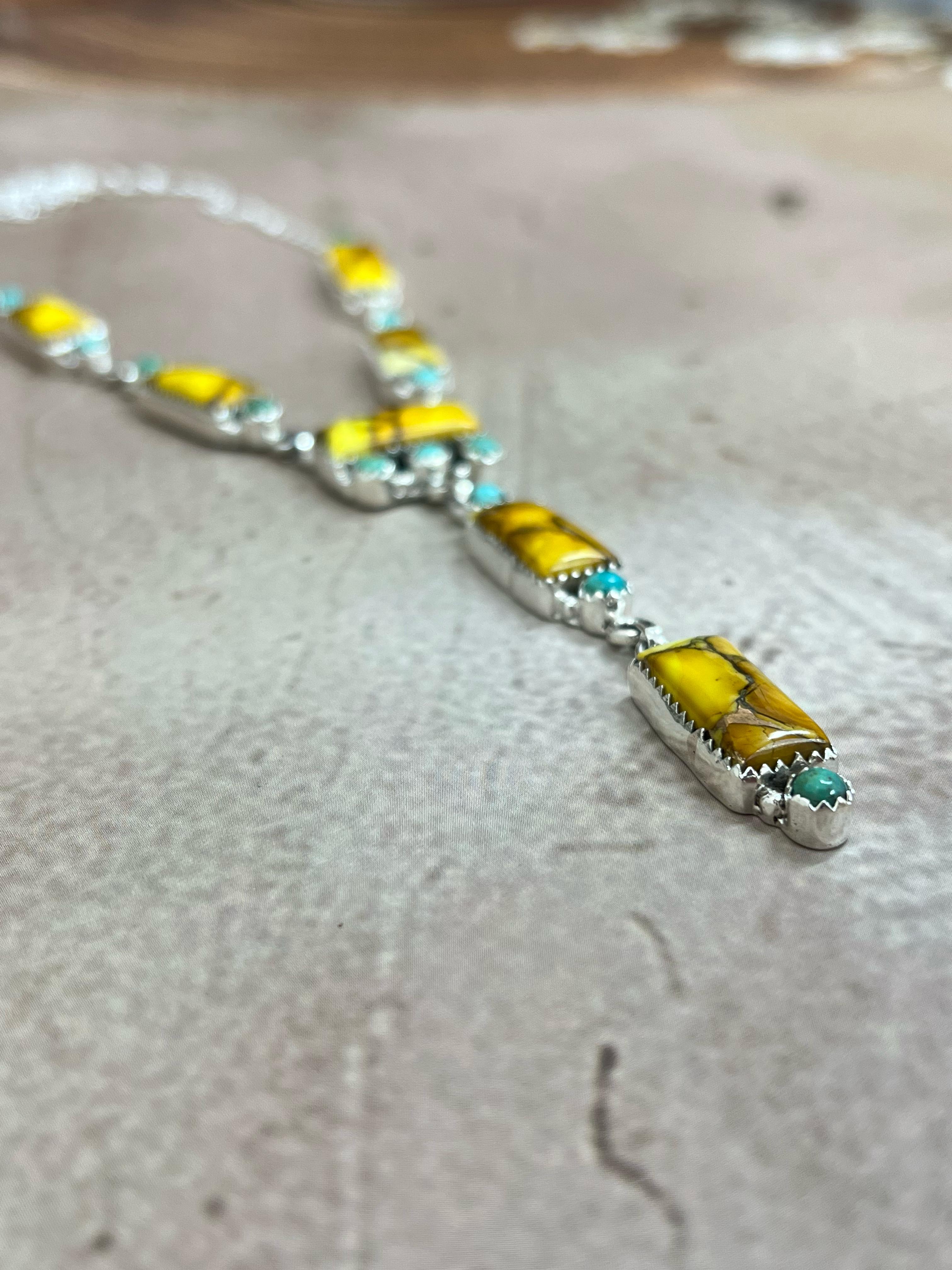 Handmade Sterling Silver Honey Dahlia with Kingman Turquoise Necklace, Signed Nizhoni