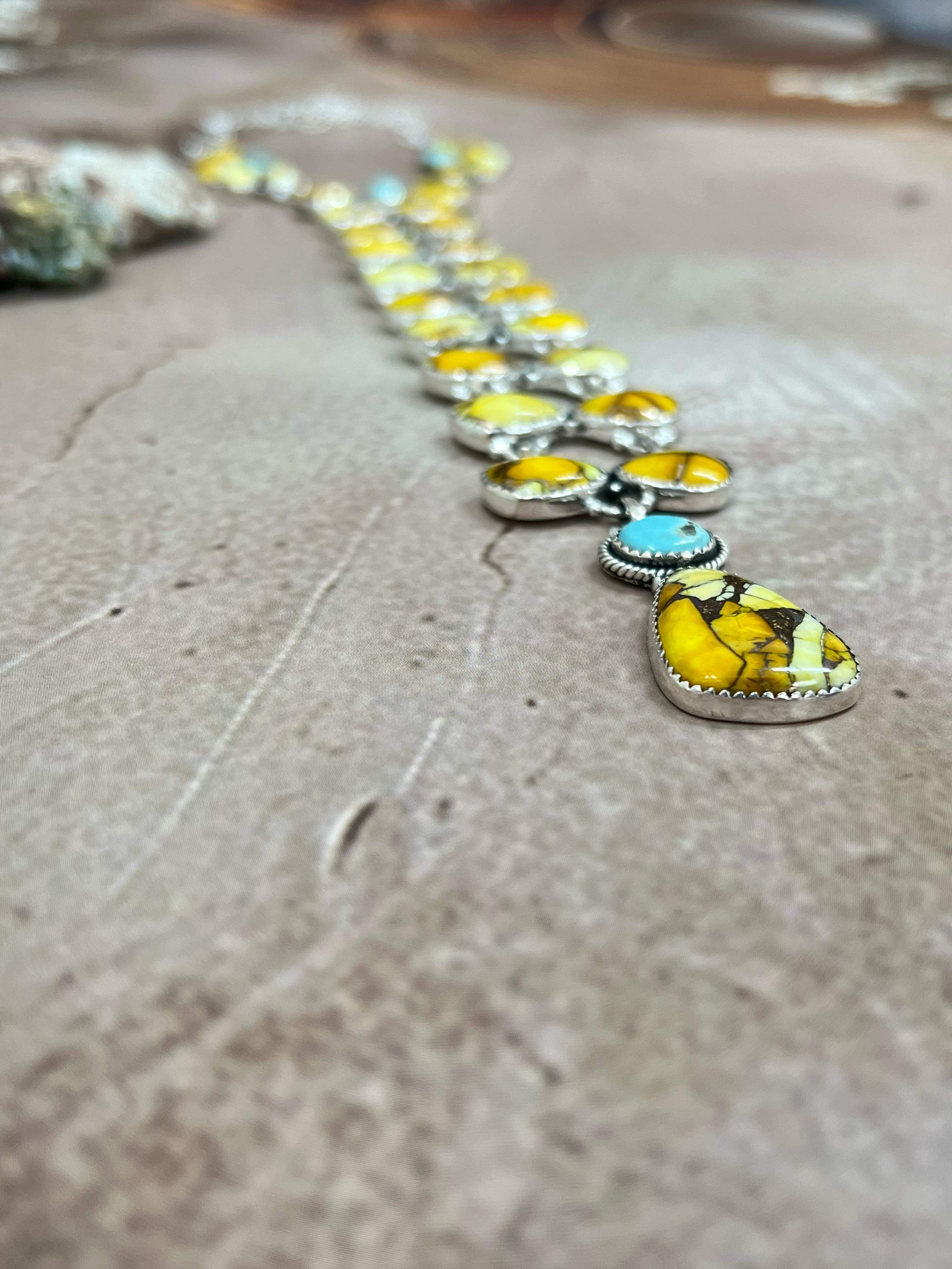 Handmade Sterling Silver Honey Dahlia with Kingman Turquoise Necklace, Signed Nizhoni