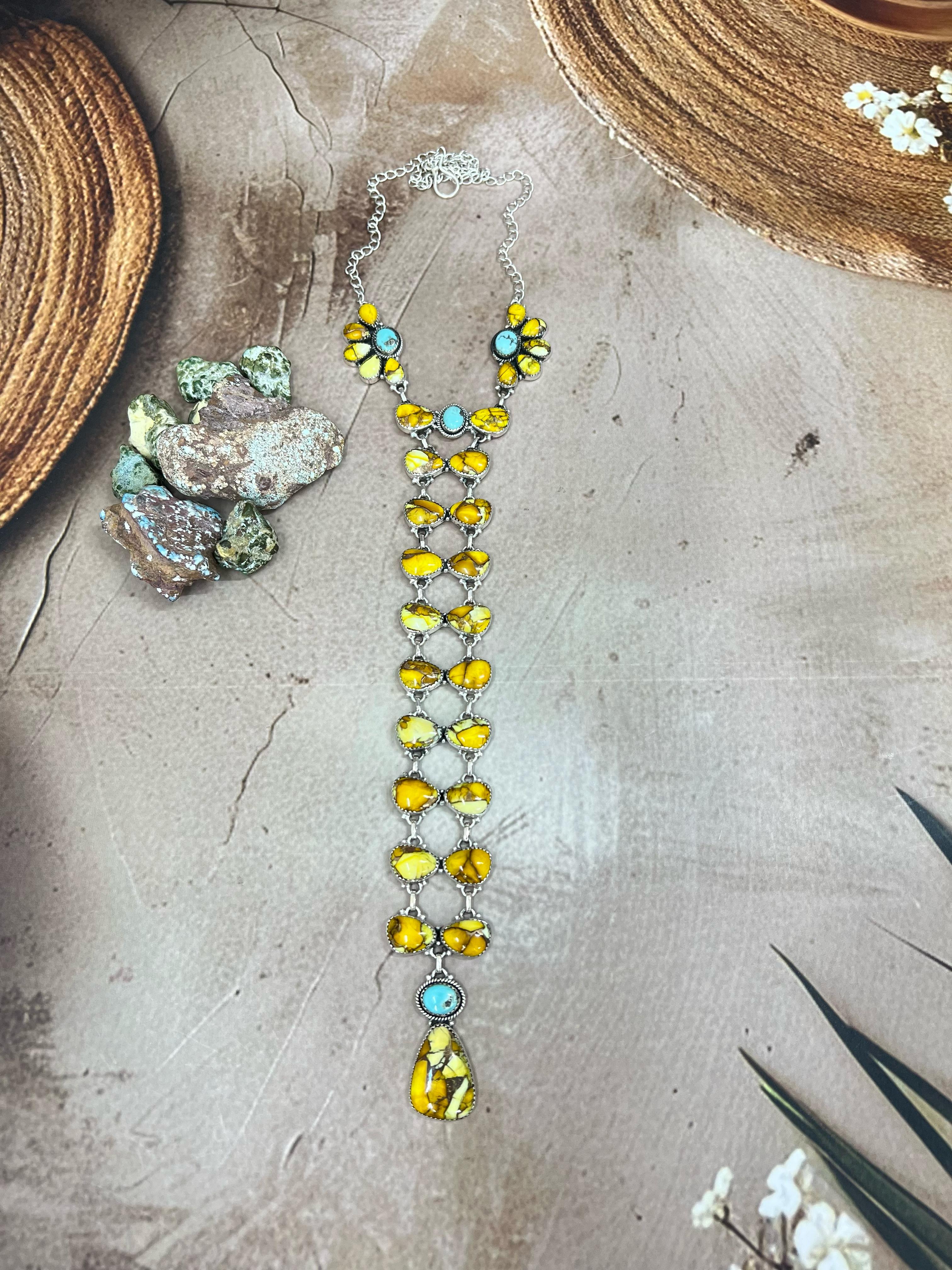 Handmade Sterling Silver Honey Dahlia with Kingman Turquoise Necklace, Signed Nizhoni