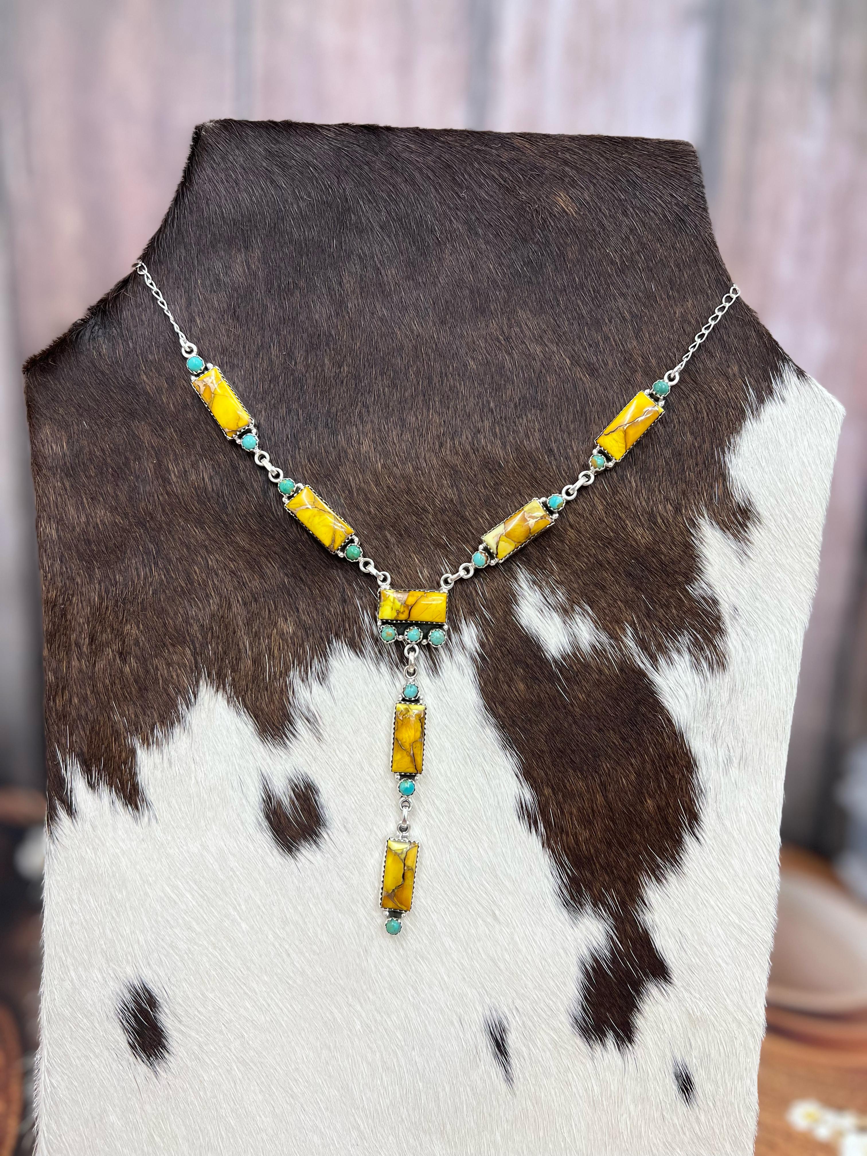 Handmade Sterling Silver Honey Dahlia with Kingman Turquoise Necklace, Signed Nizhoni