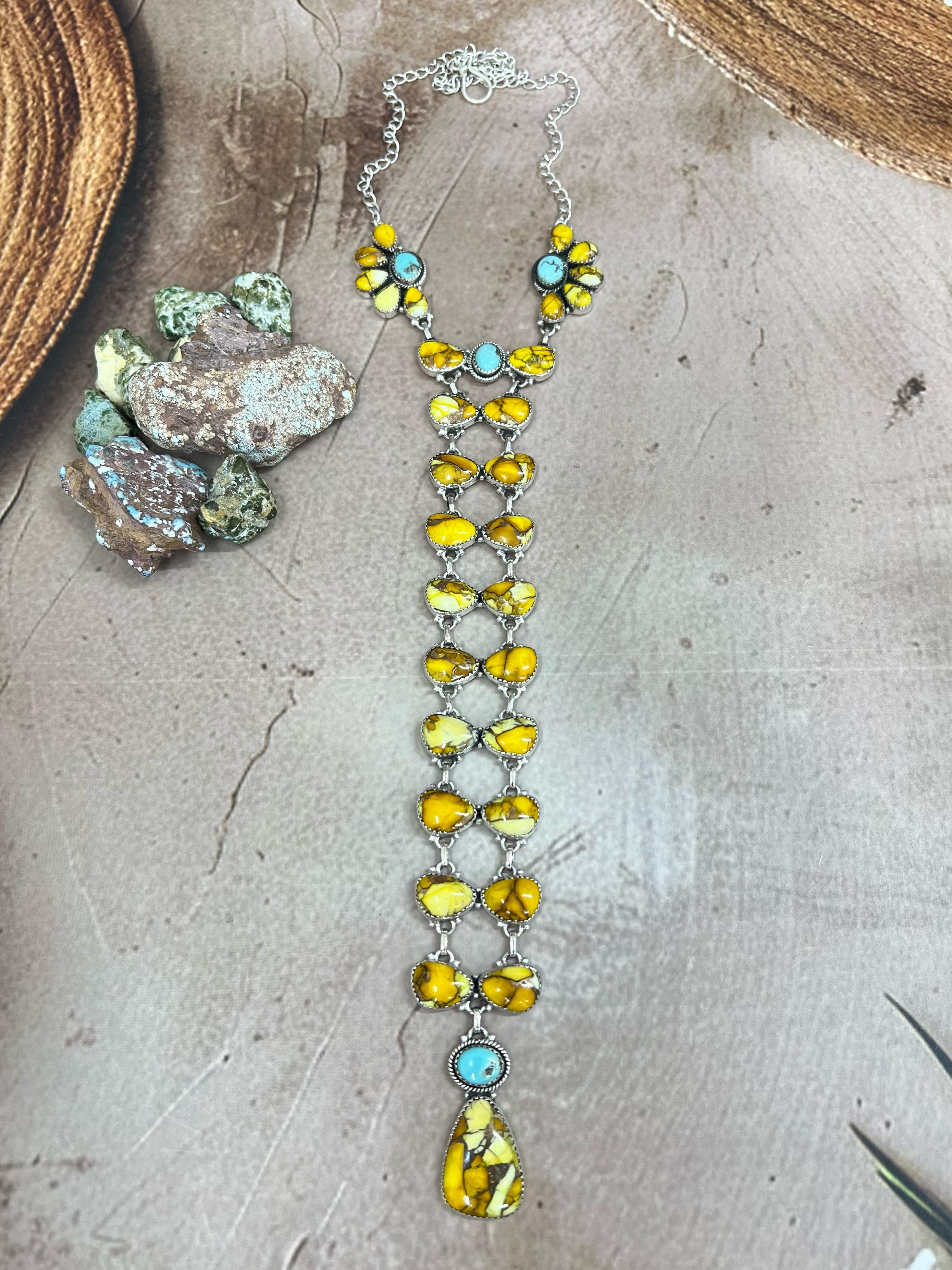 Handmade Sterling Silver Honey Dahlia with Kingman Turquoise Necklace, Signed Nizhoni