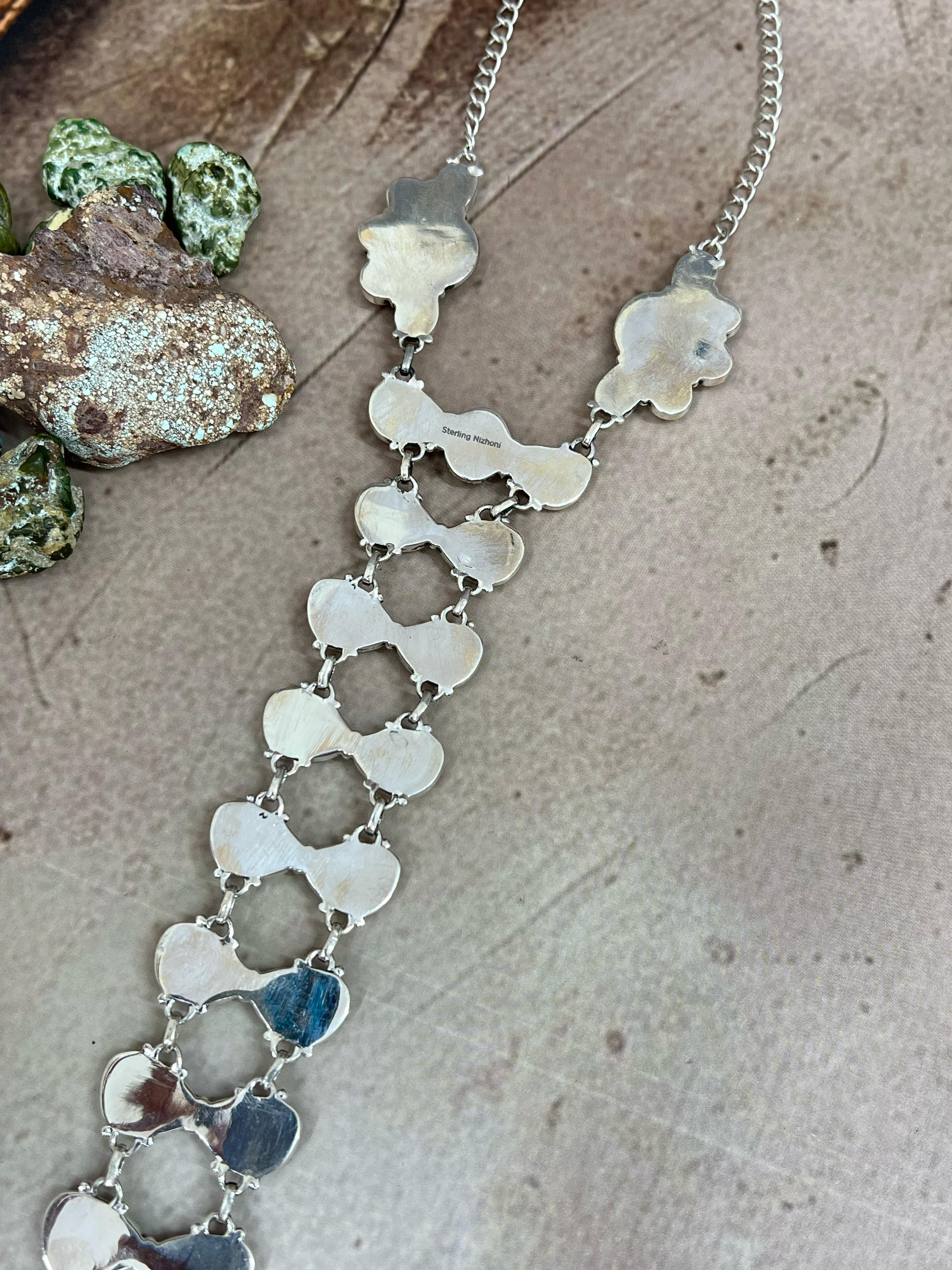 Handmade Sterling Silver Honey Dahlia with Kingman Turquoise Necklace, Signed Nizhoni