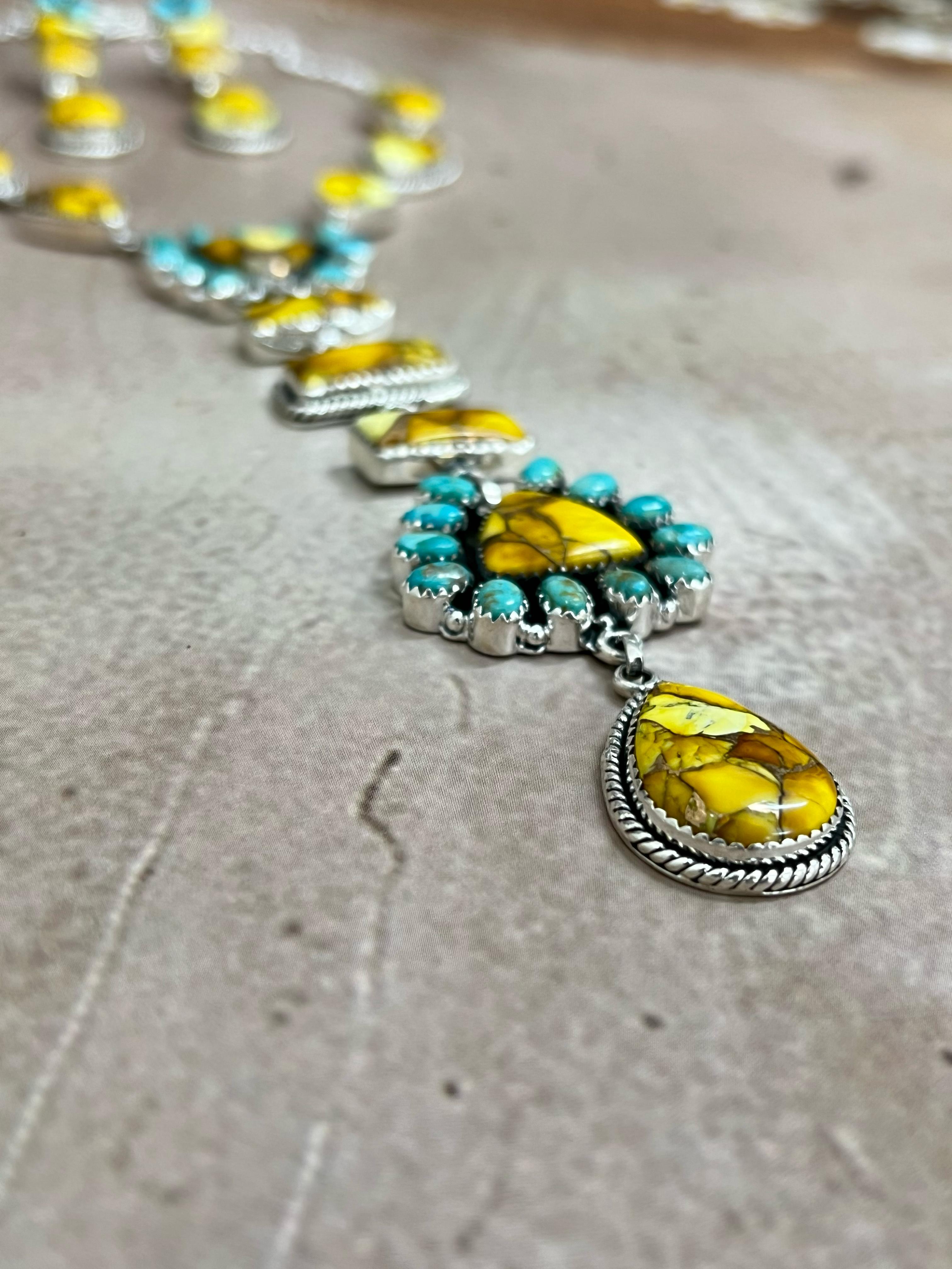 Handmade Sterling Silver Honey Dahlia with Kingman Turquoise Necklace Post Earrings, Signed Nizhoni