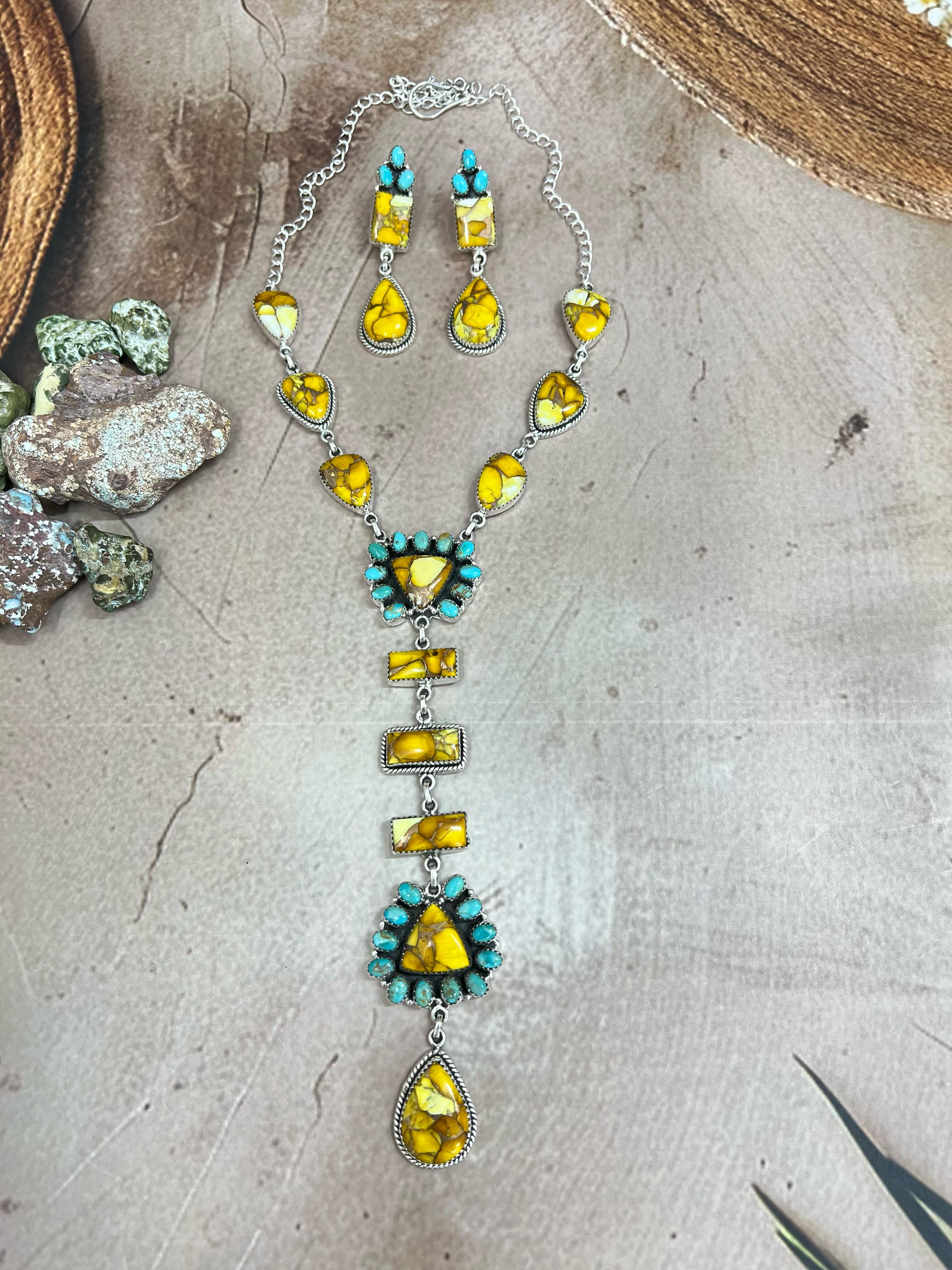 Handmade Sterling Silver Honey Dahlia with Kingman Turquoise Necklace Post Earrings, Signed Nizhoni