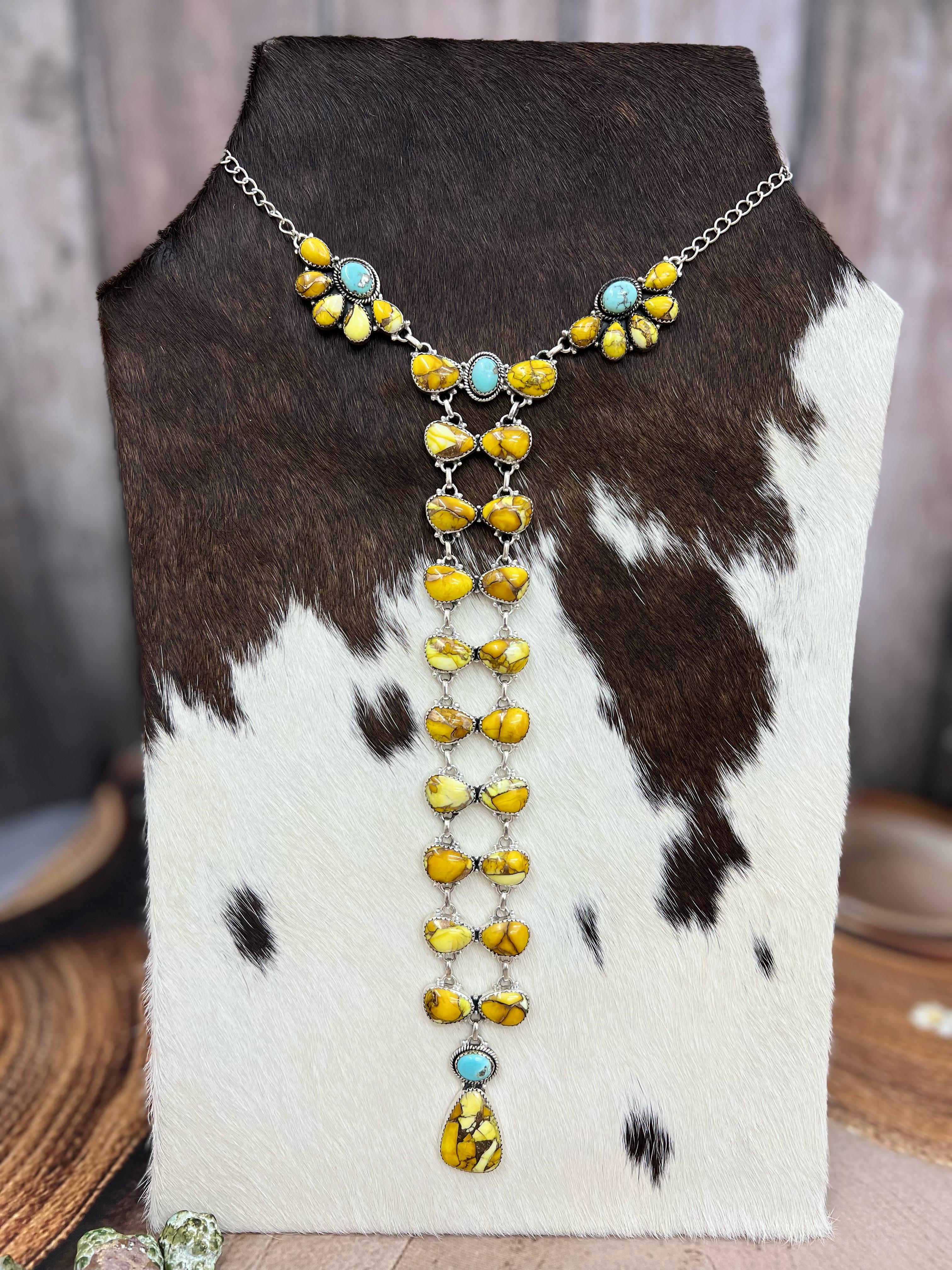 Handmade Sterling Silver Honey Dahlia with Kingman Turquoise Necklace, Signed Nizhoni