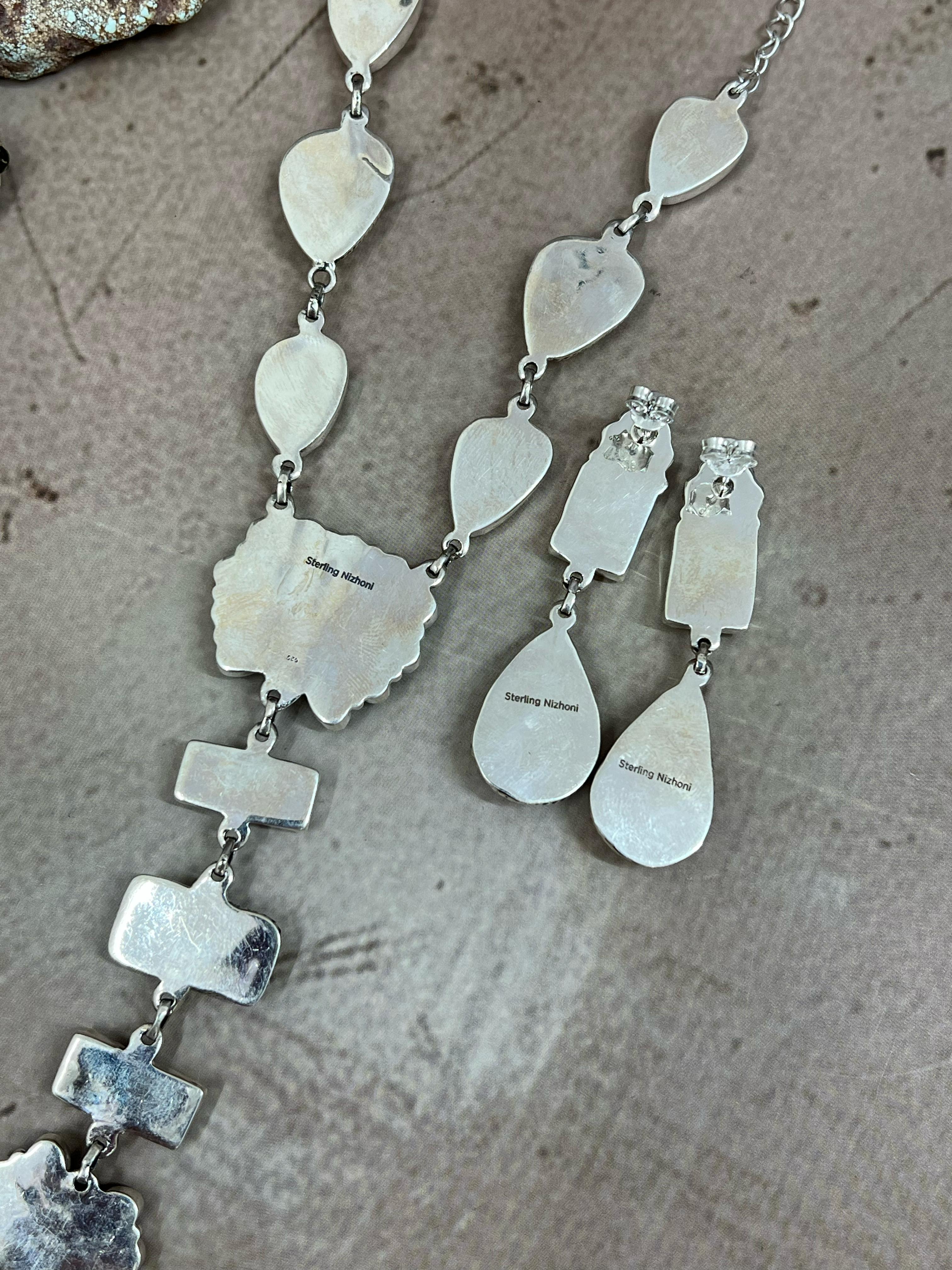 Handmade Sterling Silver Honey Dahlia with Kingman Turquoise Necklace Post Earrings, Signed Nizhoni