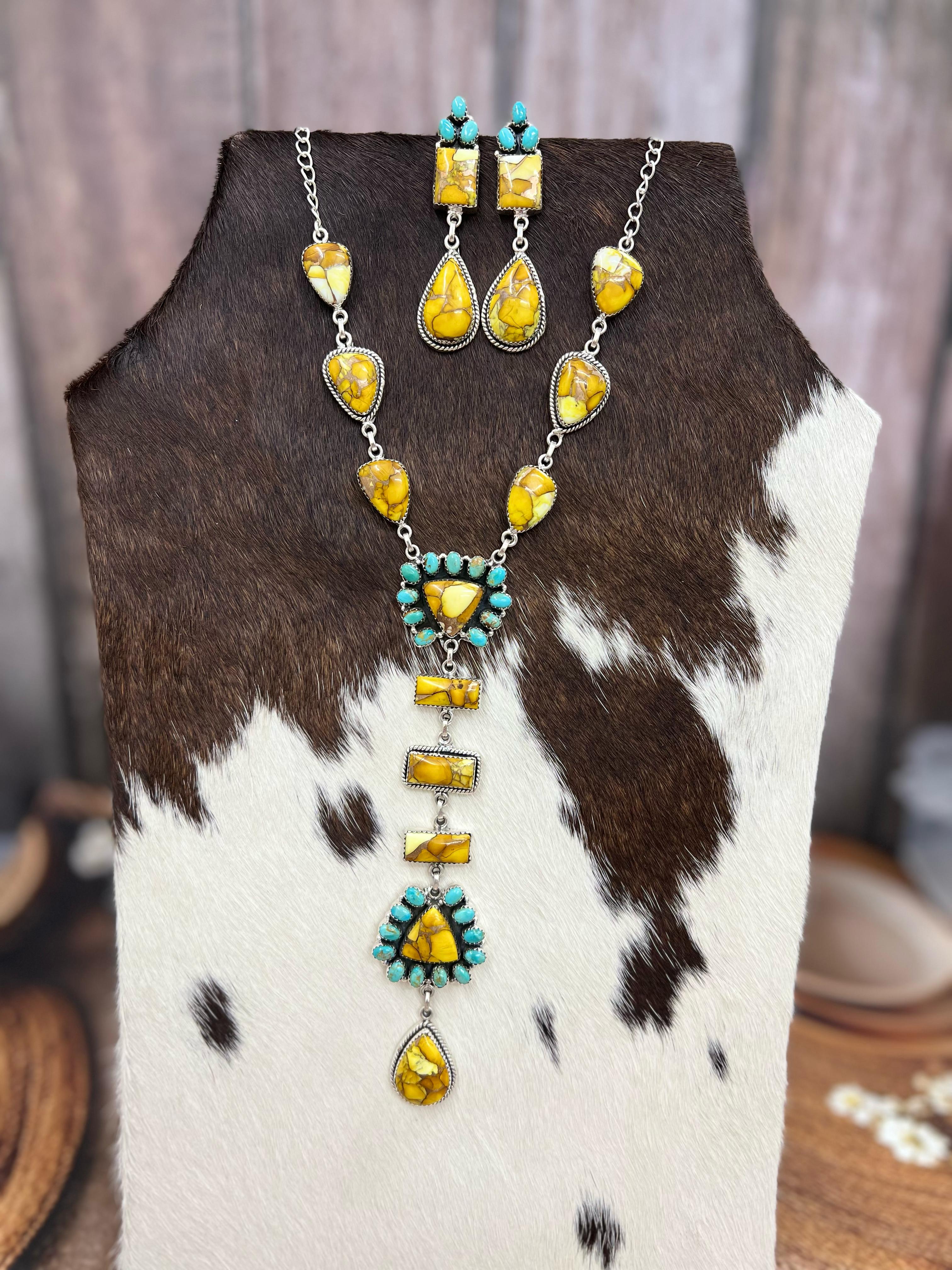 Handmade Sterling Silver Honey Dahlia with Kingman Turquoise Necklace Post Earrings, Signed Nizhoni