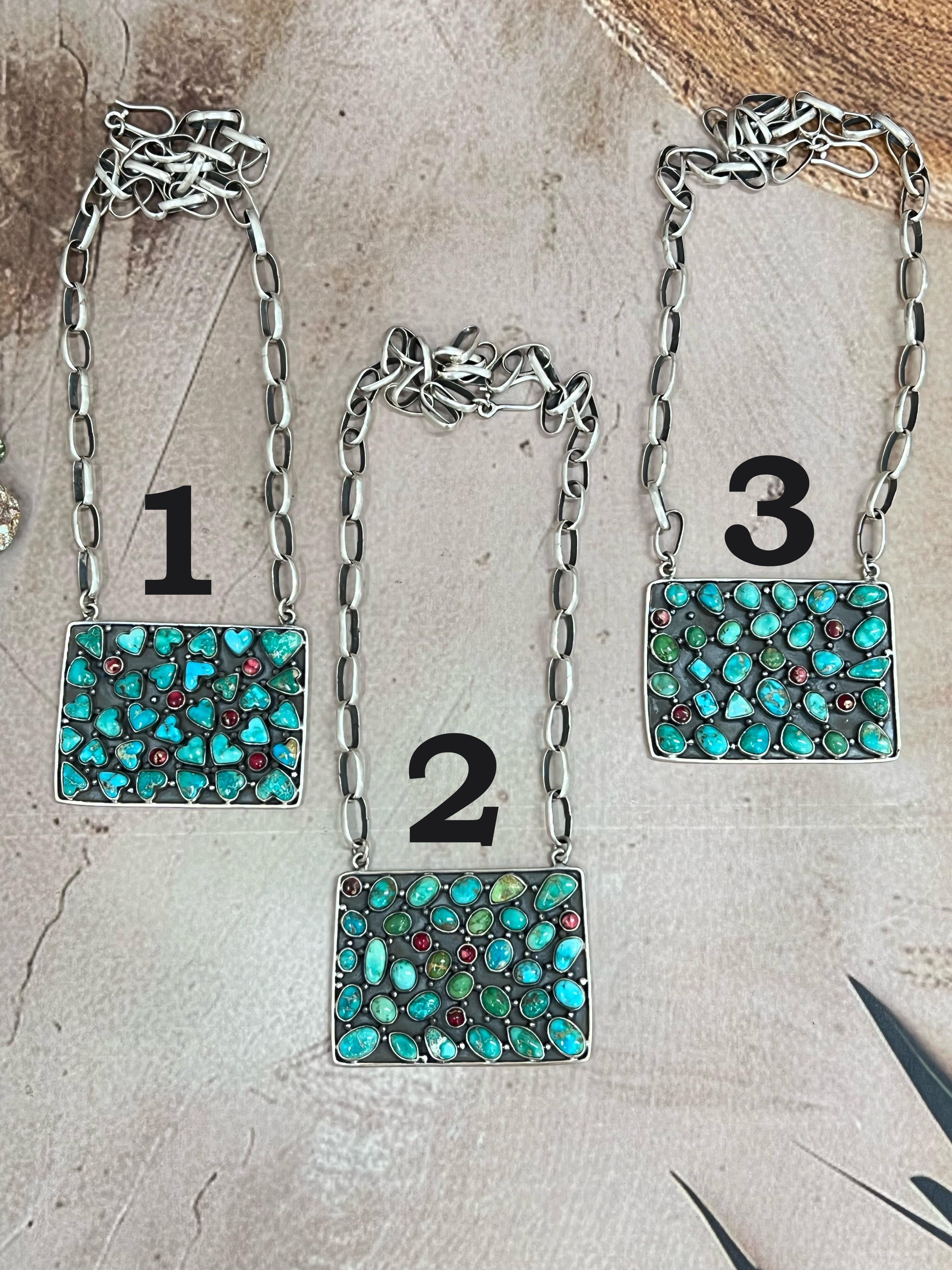 Handmade Sterling Silver Emerald Valley Turquoise with Dahlia Rose Necklace, Signed Nizhoni