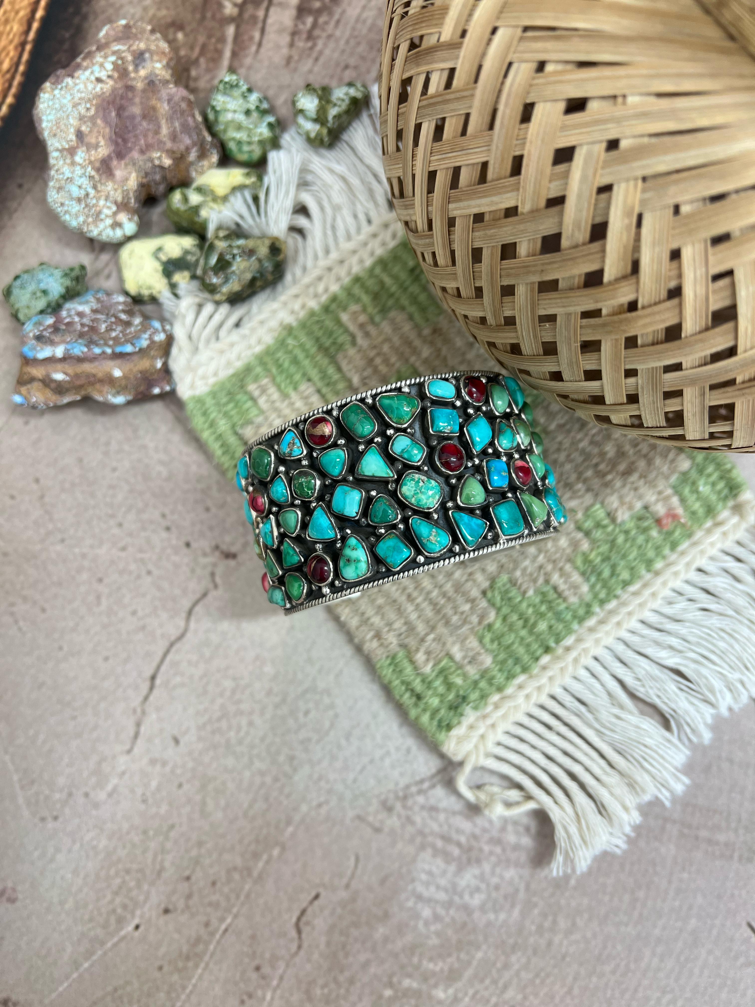 Handmade Sterling Silver Emerald Valley with Dahlia Rose Bracelet with Signed Nizhoni