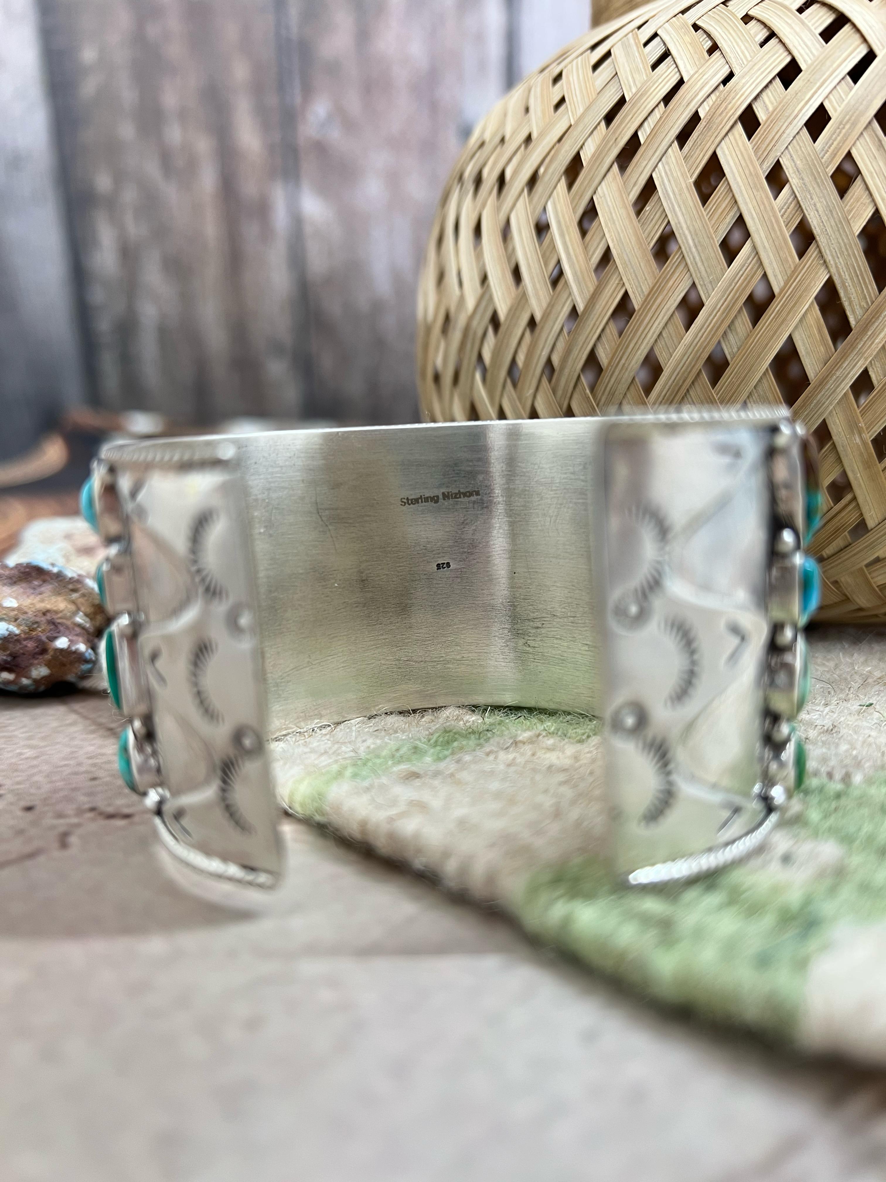 Handmade Sterling Silver Emerald Valley with Dahlia Rose Bracelet with Signed Nizhoni