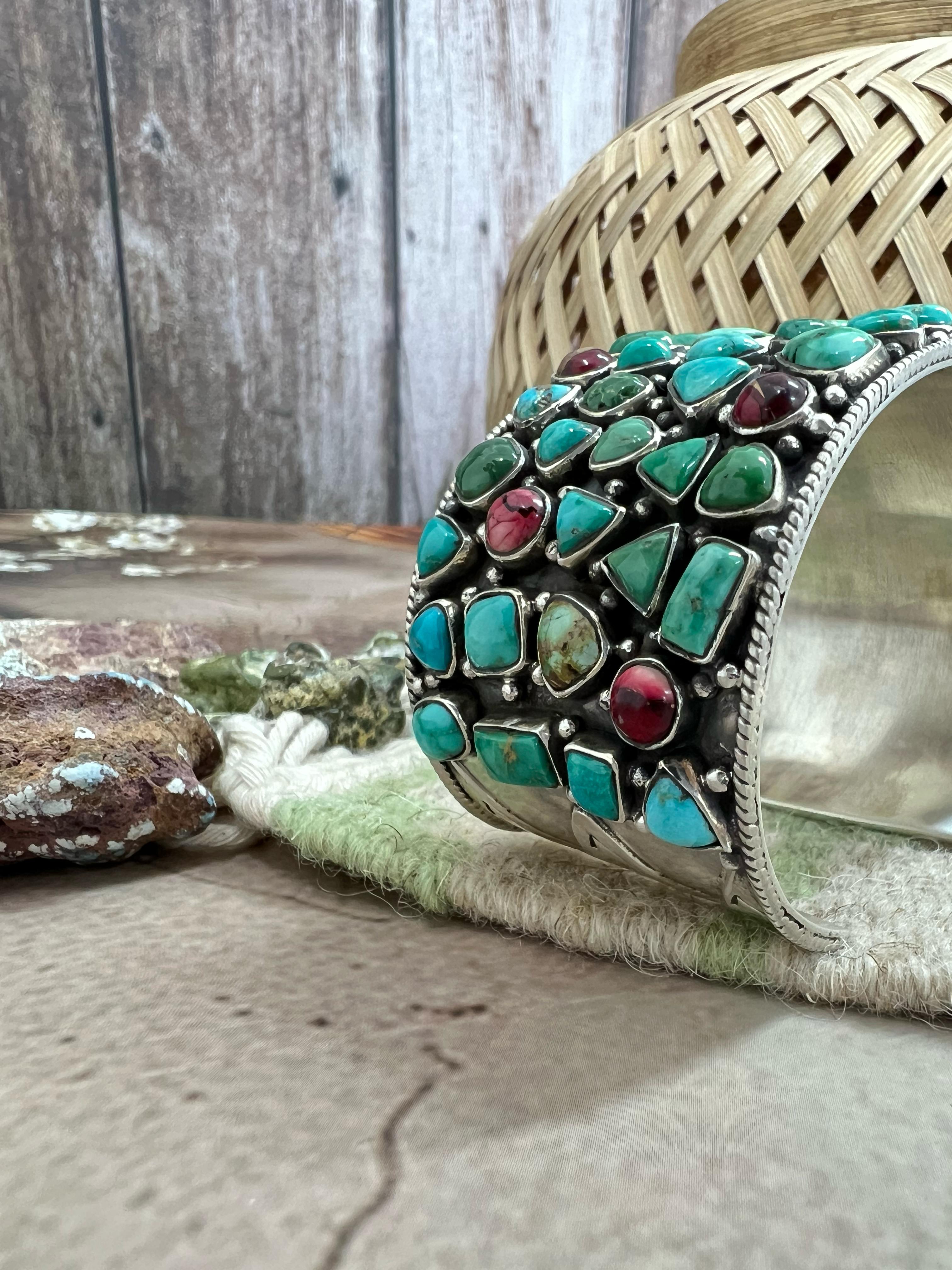 Handmade Sterling Silver Emerald Valley with Dahlia Rose Bracelet with Signed Nizhoni