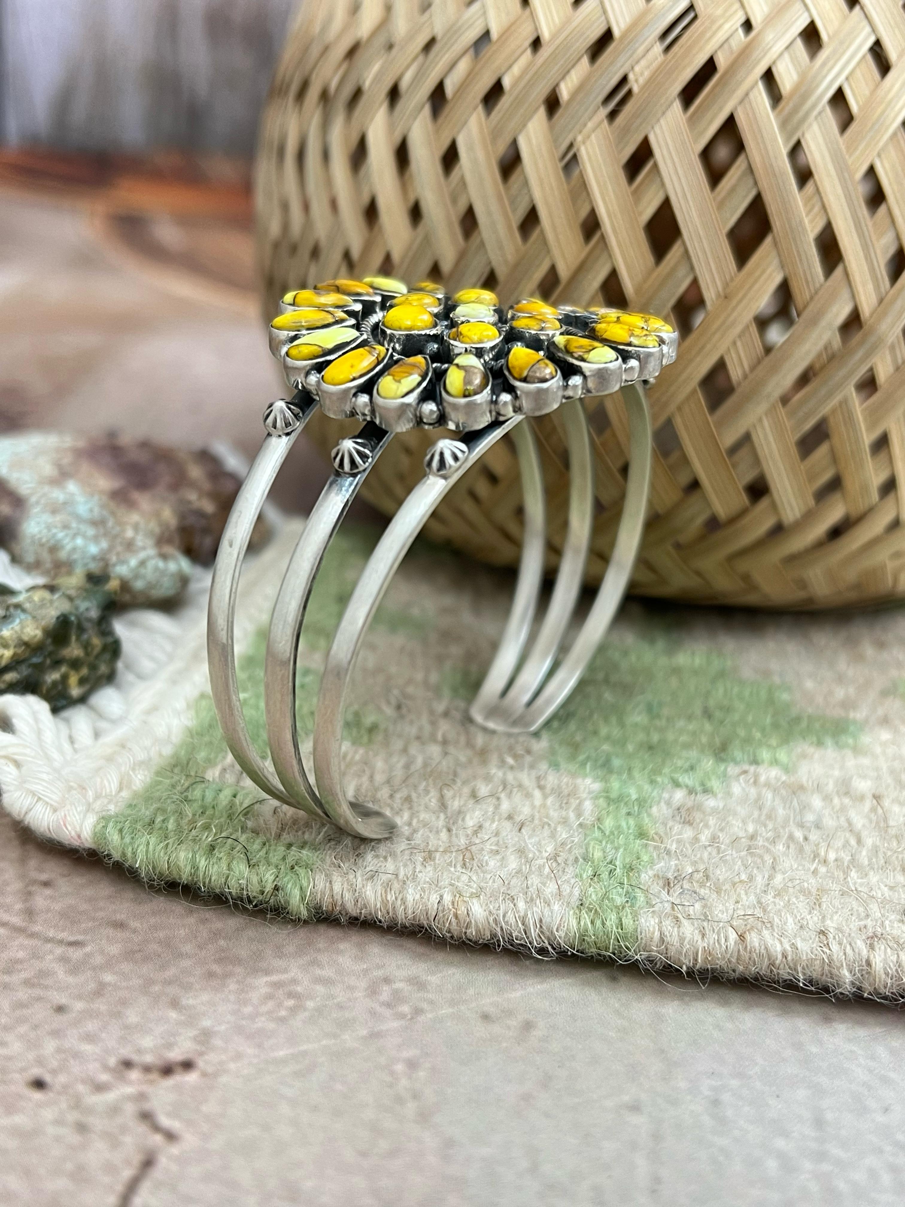 Handmade Sterling Silver Honey Dahlia Cuff Bracelet with Signed Nizhoni