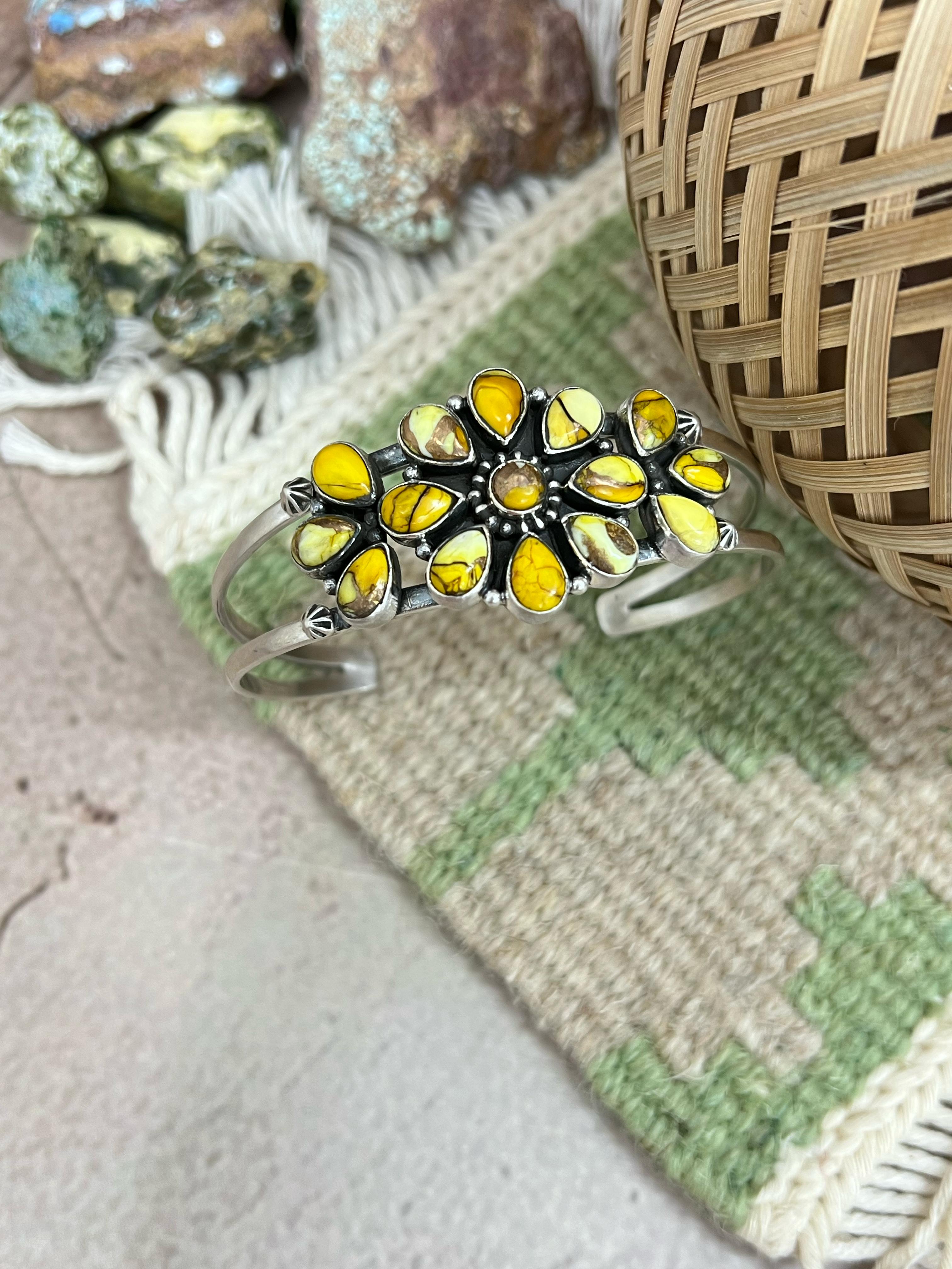 Handmade Sterling Silver Honey Dahlia Cuff Bracelet with Signed Nizhoni