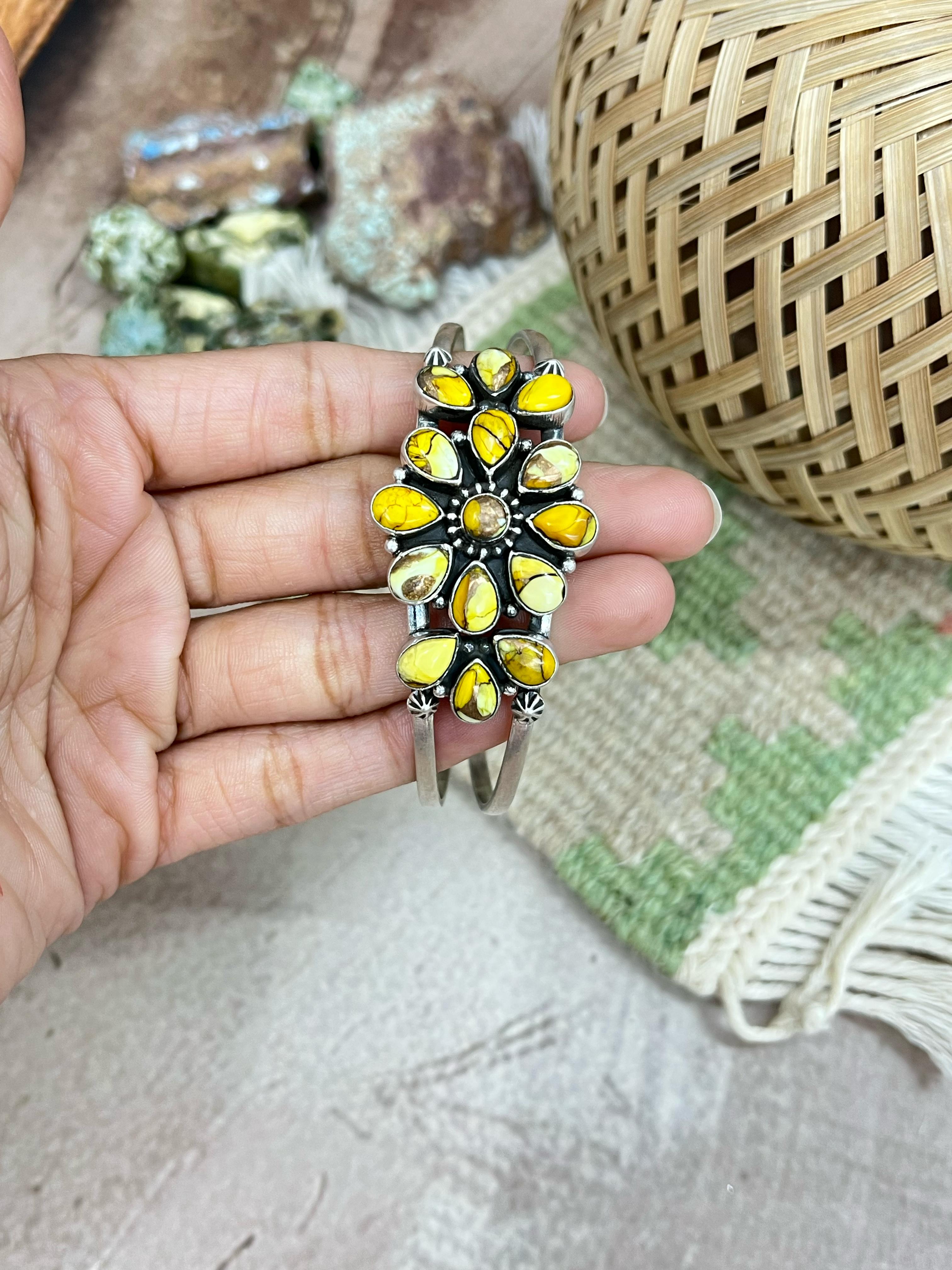 Handmade Sterling Silver Honey Dahlia Cuff Bracelet with Signed Nizhoni