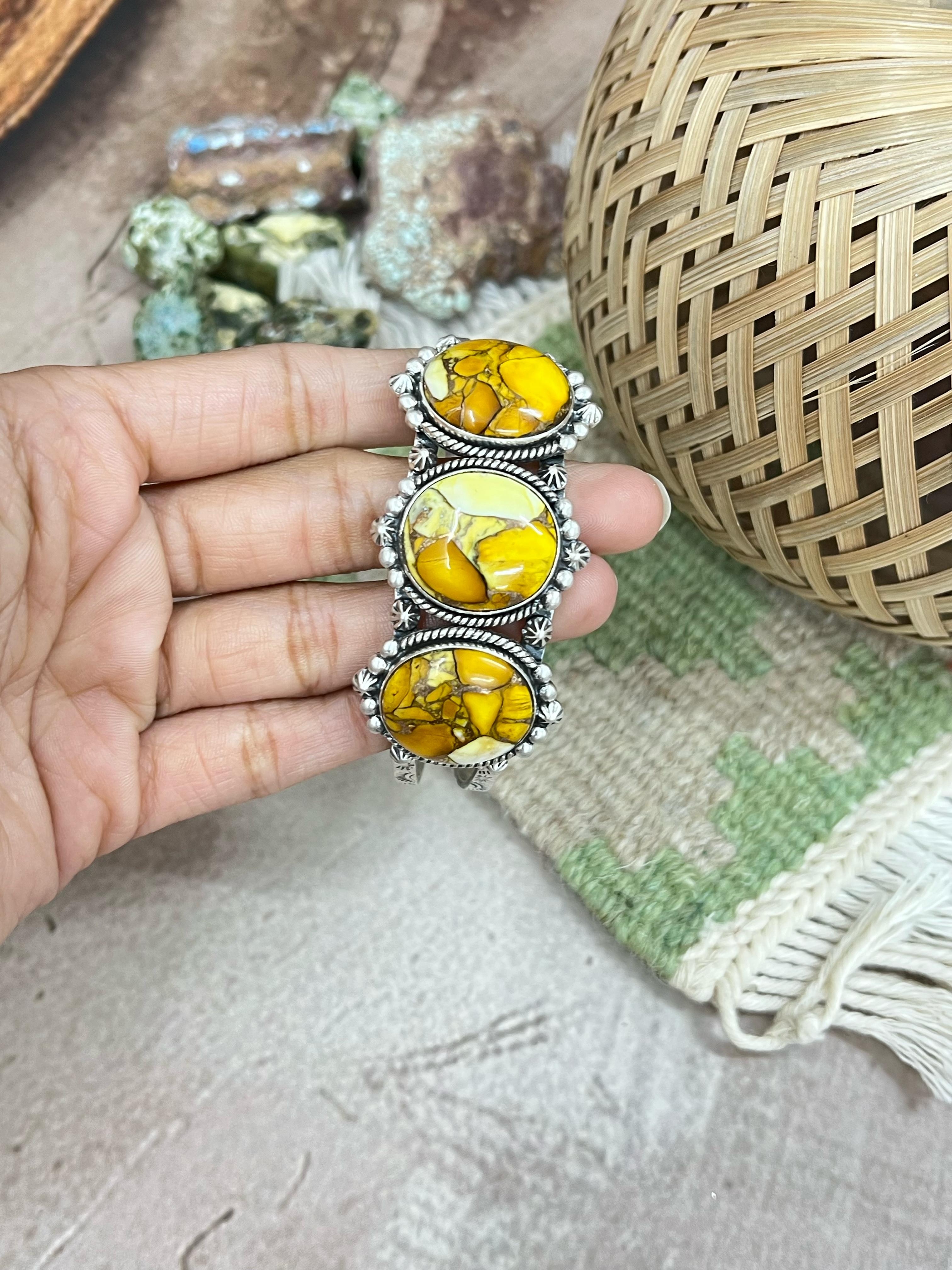 Handmade Sterling Silver Honey Dahlia Cuff Bracelet with Signed Nizhoni