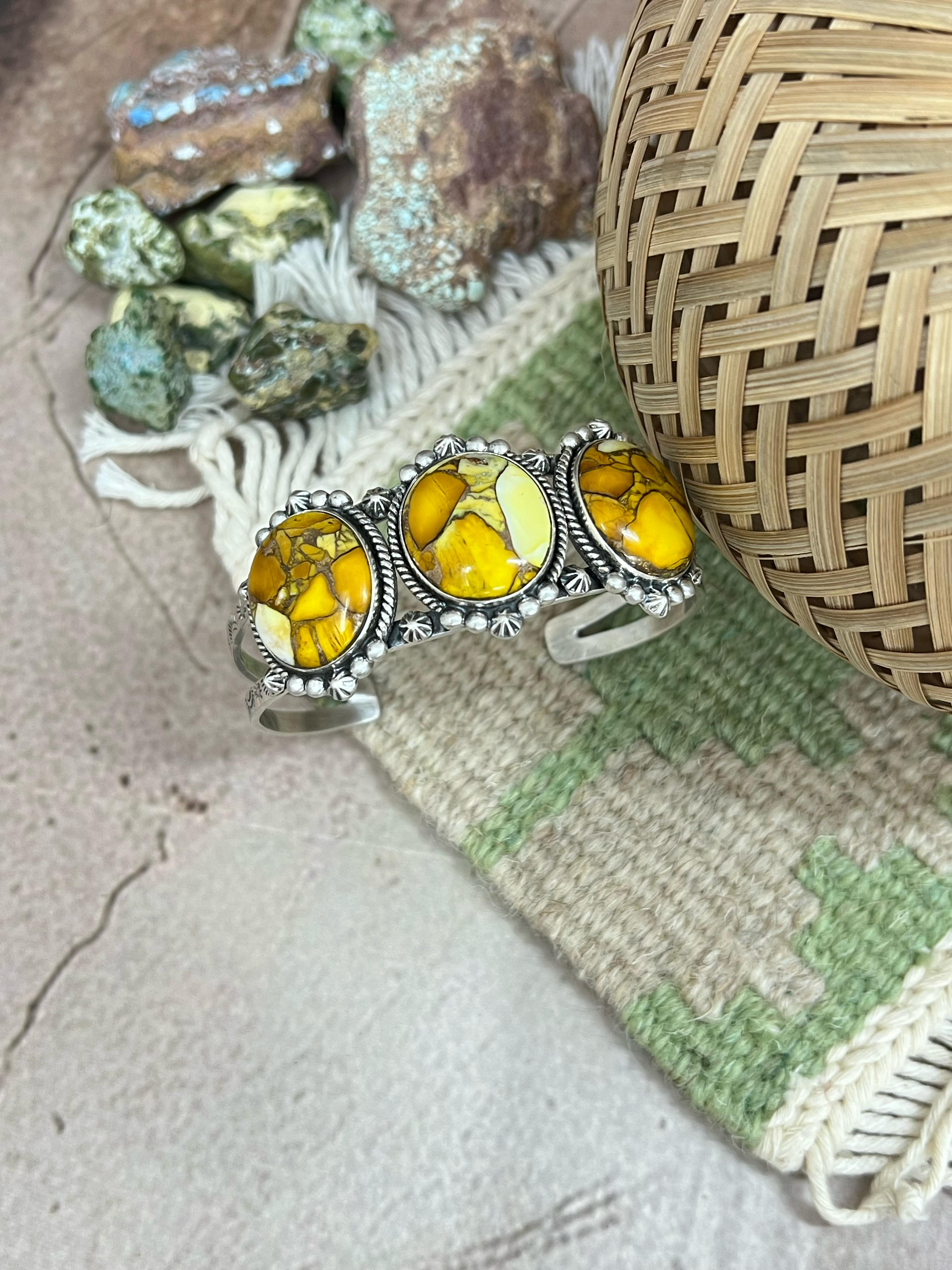 Handmade Sterling Silver Honey Dahlia Cuff Bracelet with Signed Nizhoni