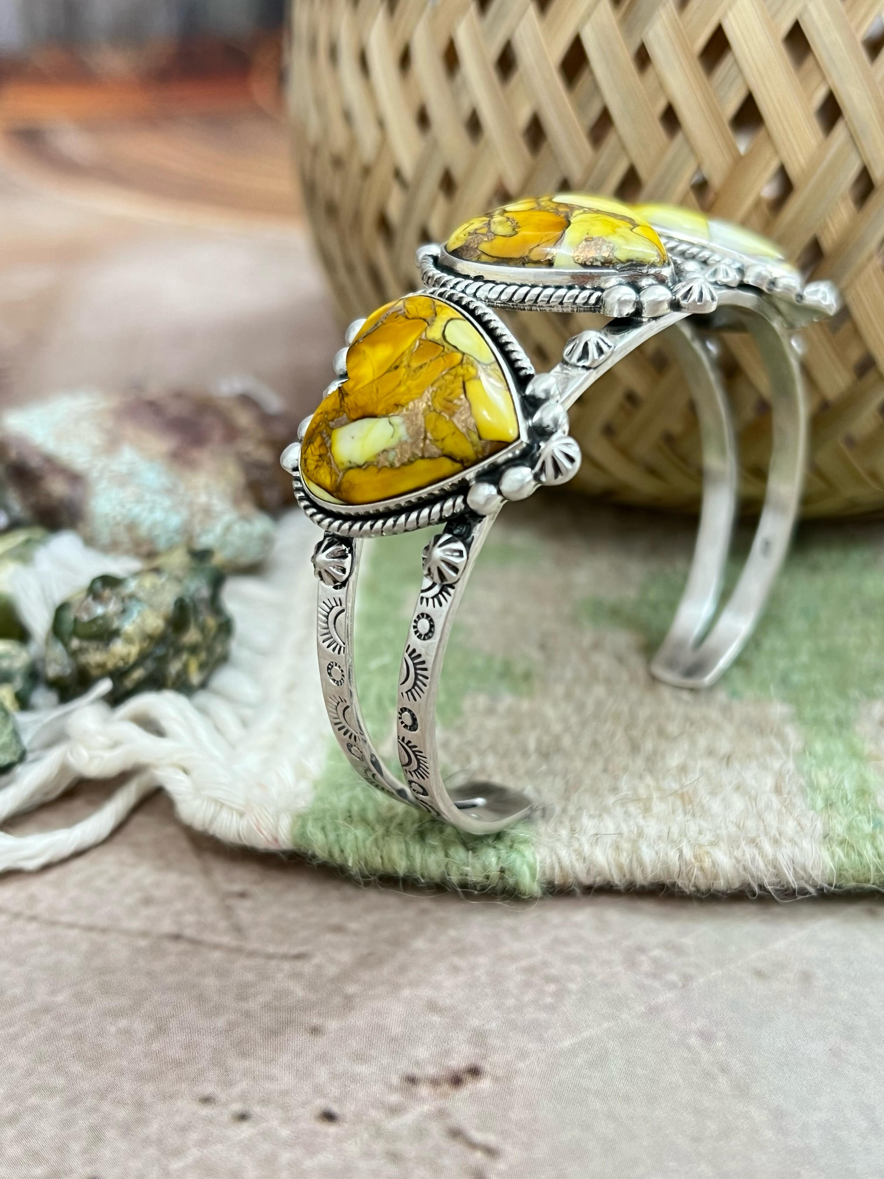 Handmade Sterling Silver Honey Dahlia Cuff Heart Bracelet with Signed Nizhoni