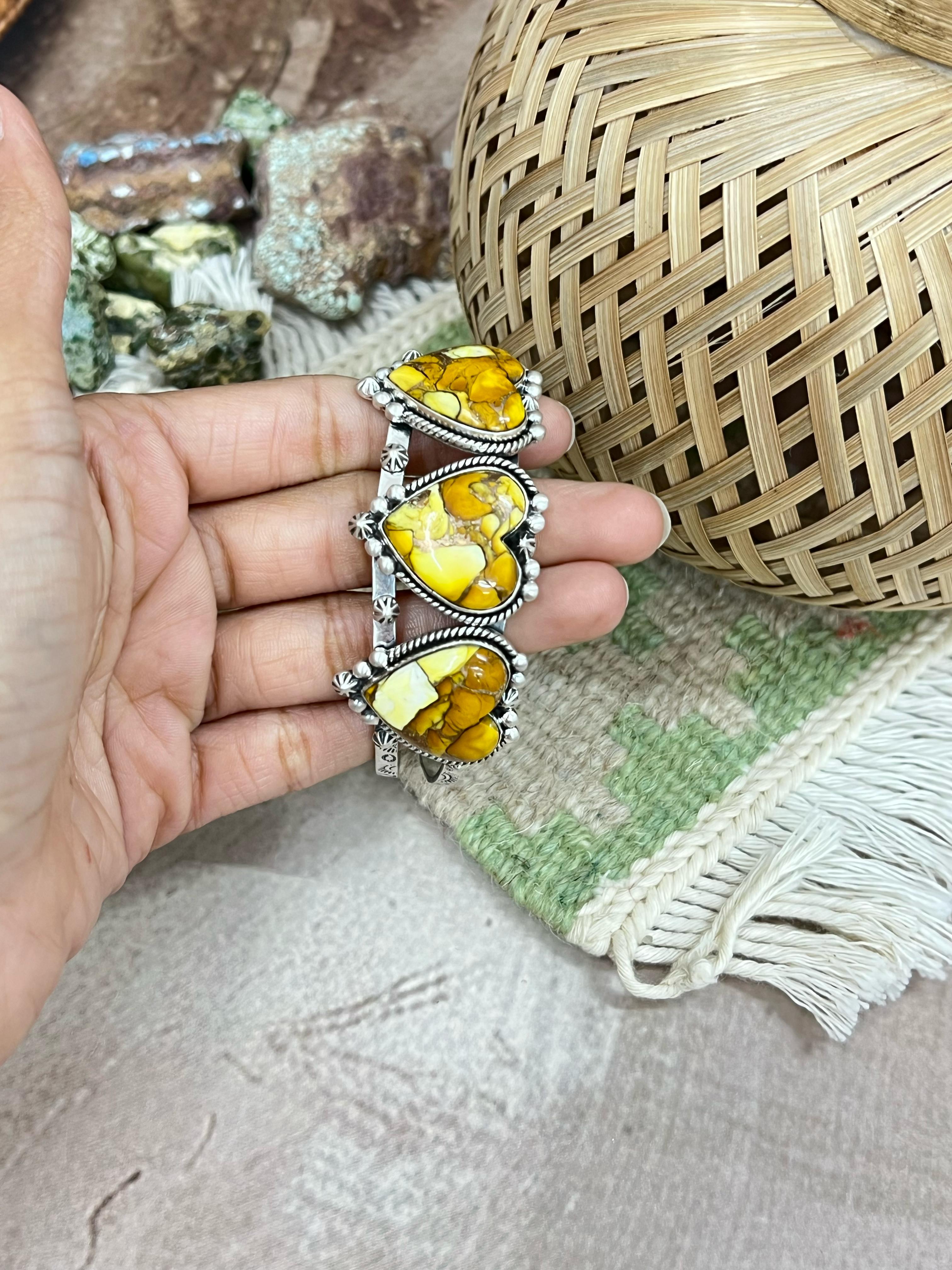 Handmade Sterling Silver Honey Dahlia Cuff Heart Bracelet with Signed Nizhoni