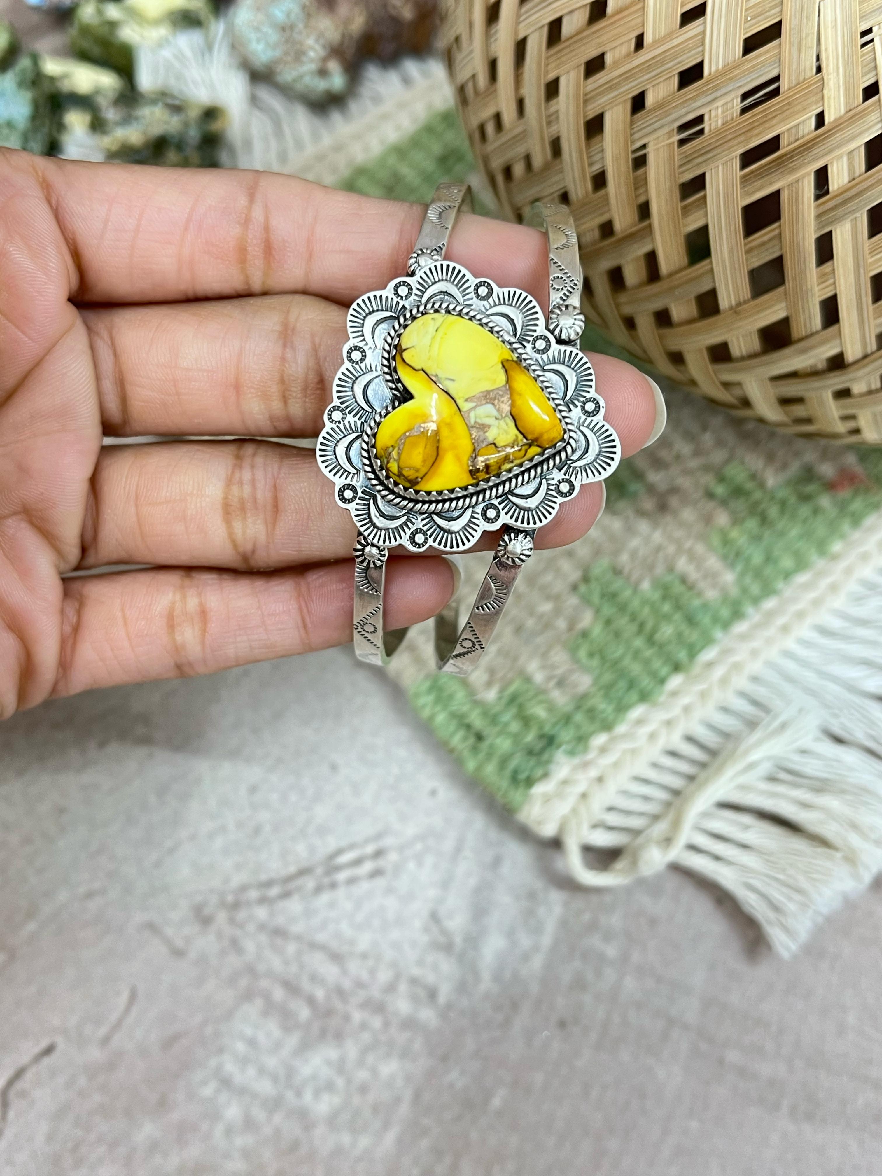 Handmade Sterling Silver Honey Dahlia Cuff Bracelet with Signed Nizhoni