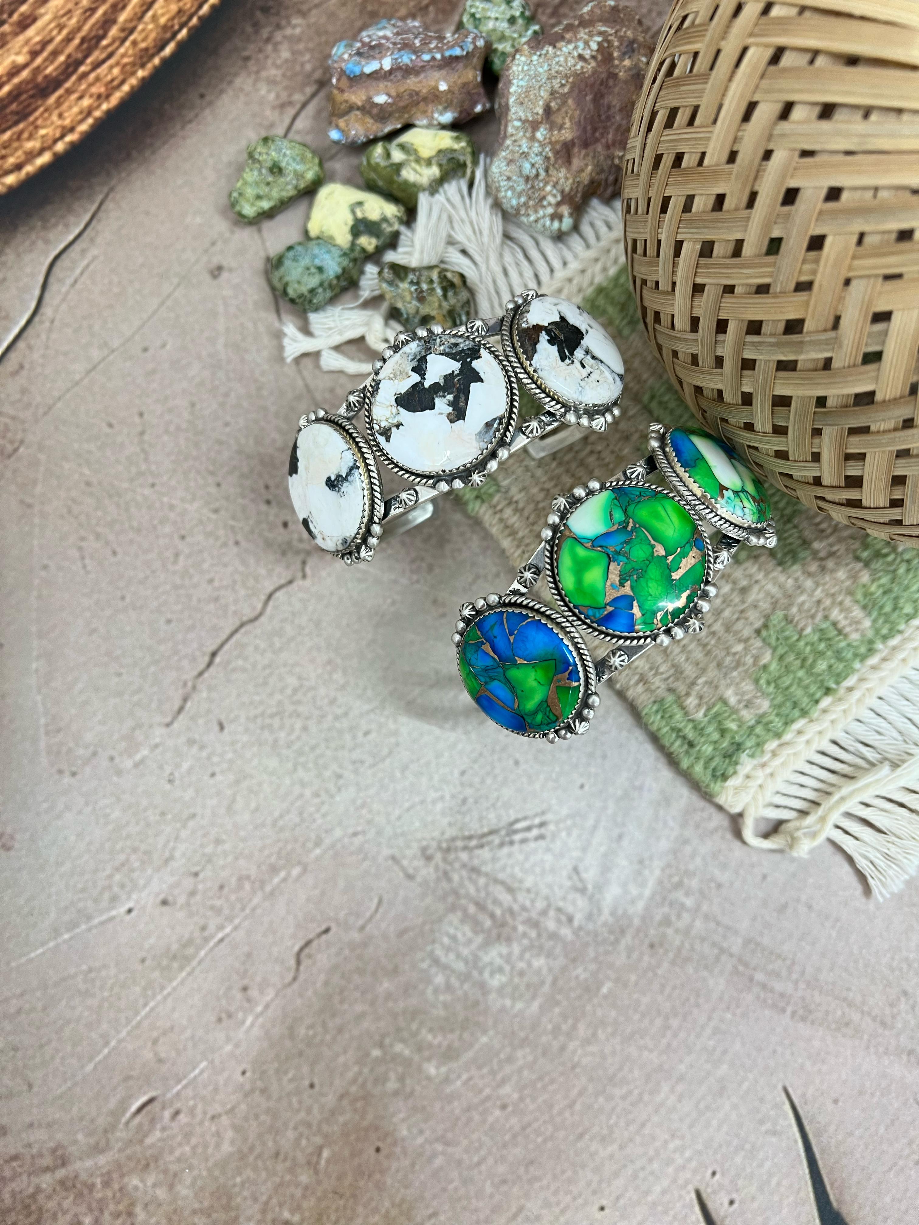 Handmade Sterling Silver Peacock Dahlia, White Buffalo Turquoise Cuff Bracelet with Signed Nizhoni