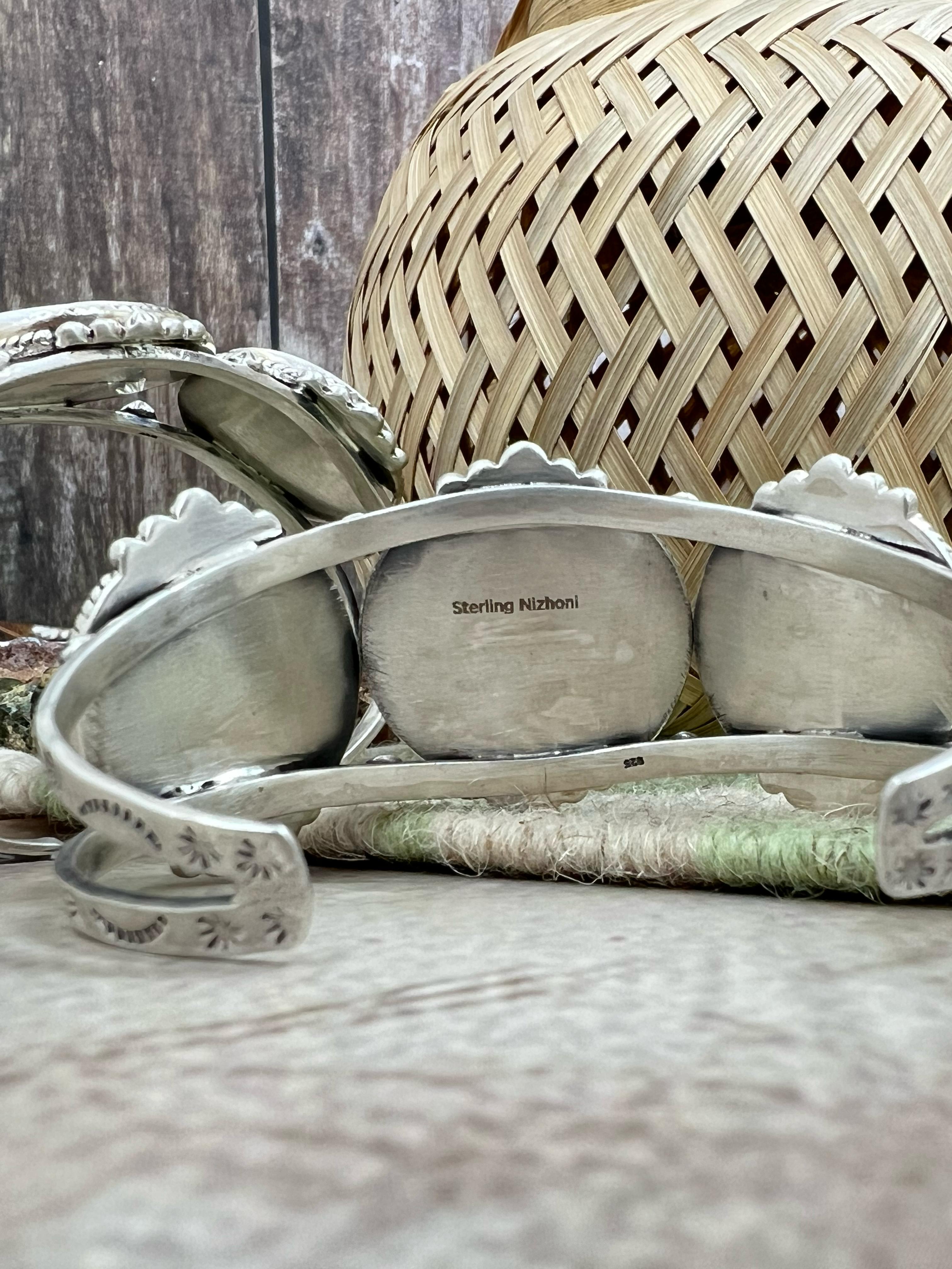 Handmade Sterling Silver Peacock Dahlia, White Buffalo Turquoise Cuff Bracelet with Signed Nizhoni