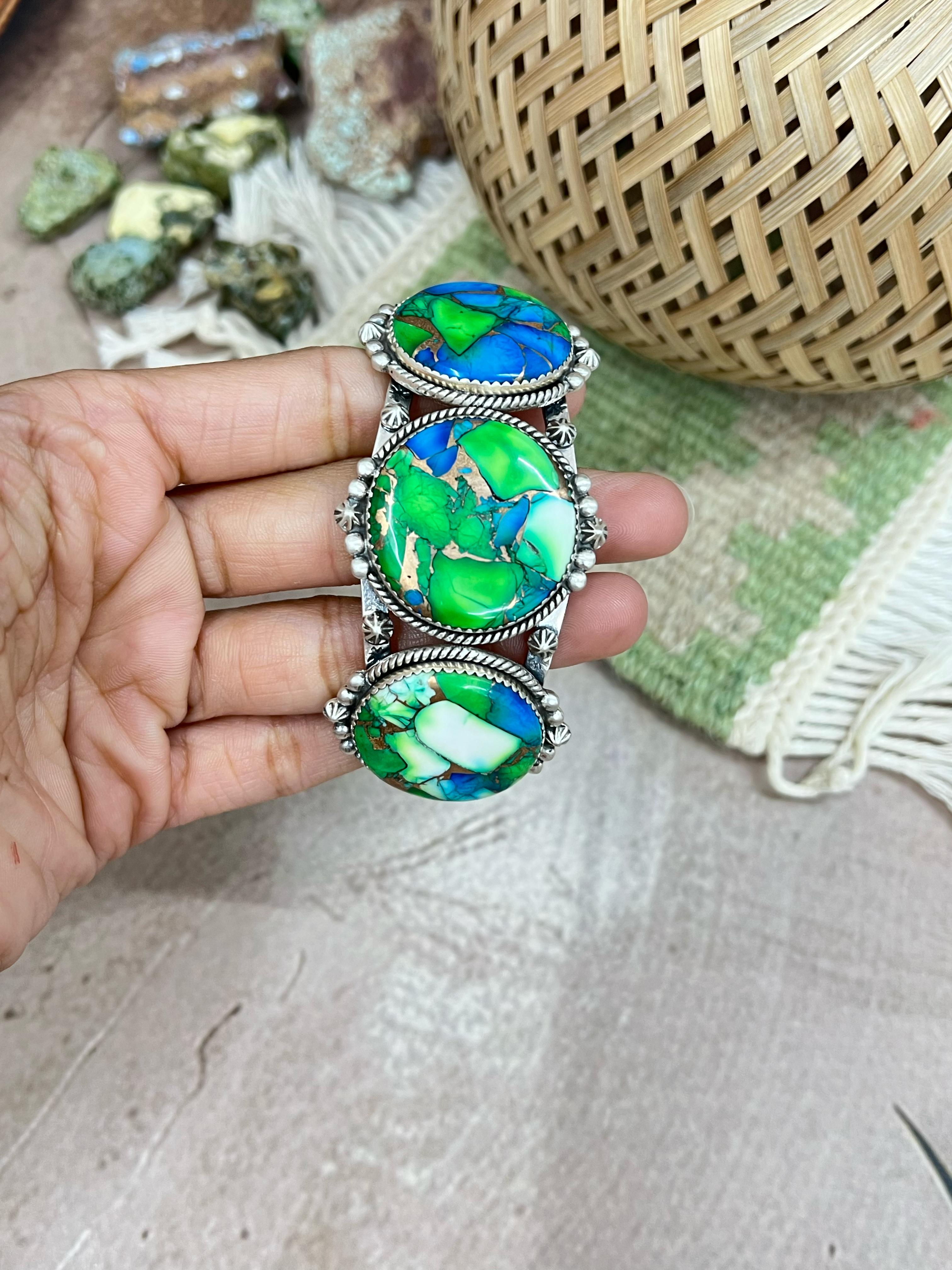 Handmade Sterling Silver Peacock Dahlia, White Buffalo Turquoise Cuff Bracelet with Signed Nizhoni