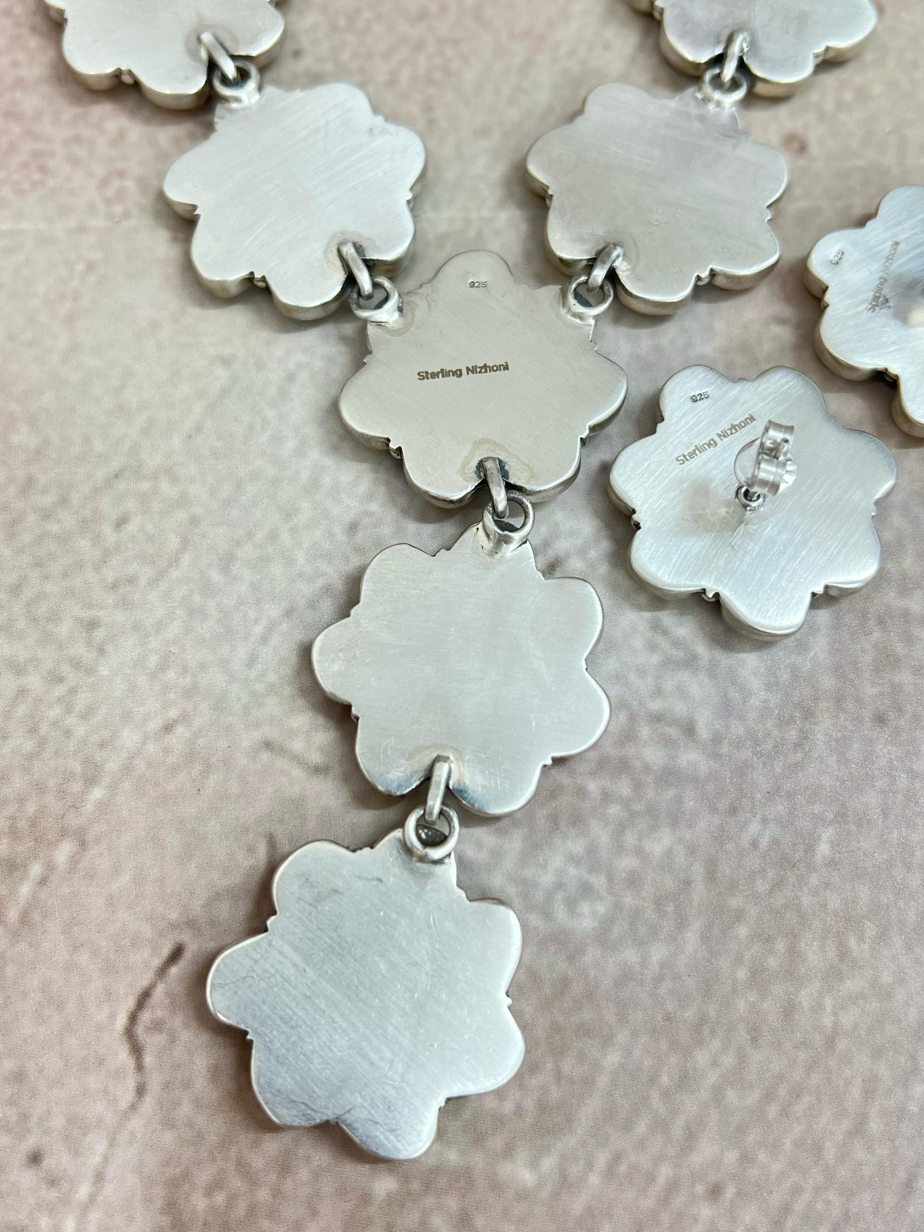 Handmade Sterling Silver Honey Dahlia Necklace Post Earrings, Signed Nizhoni