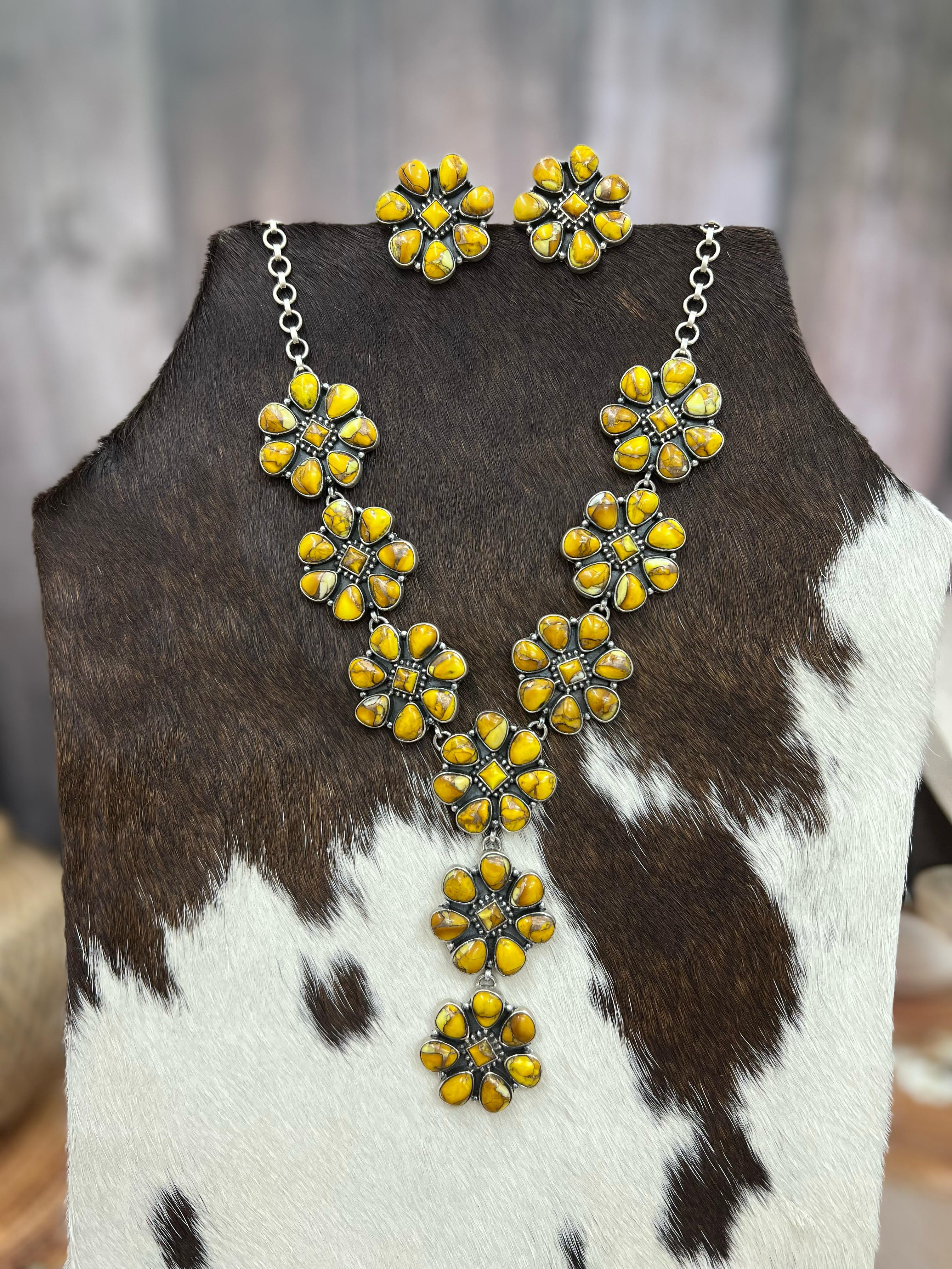 Handmade Sterling Silver Honey Dahlia Necklace Post Earrings, Signed Nizhoni