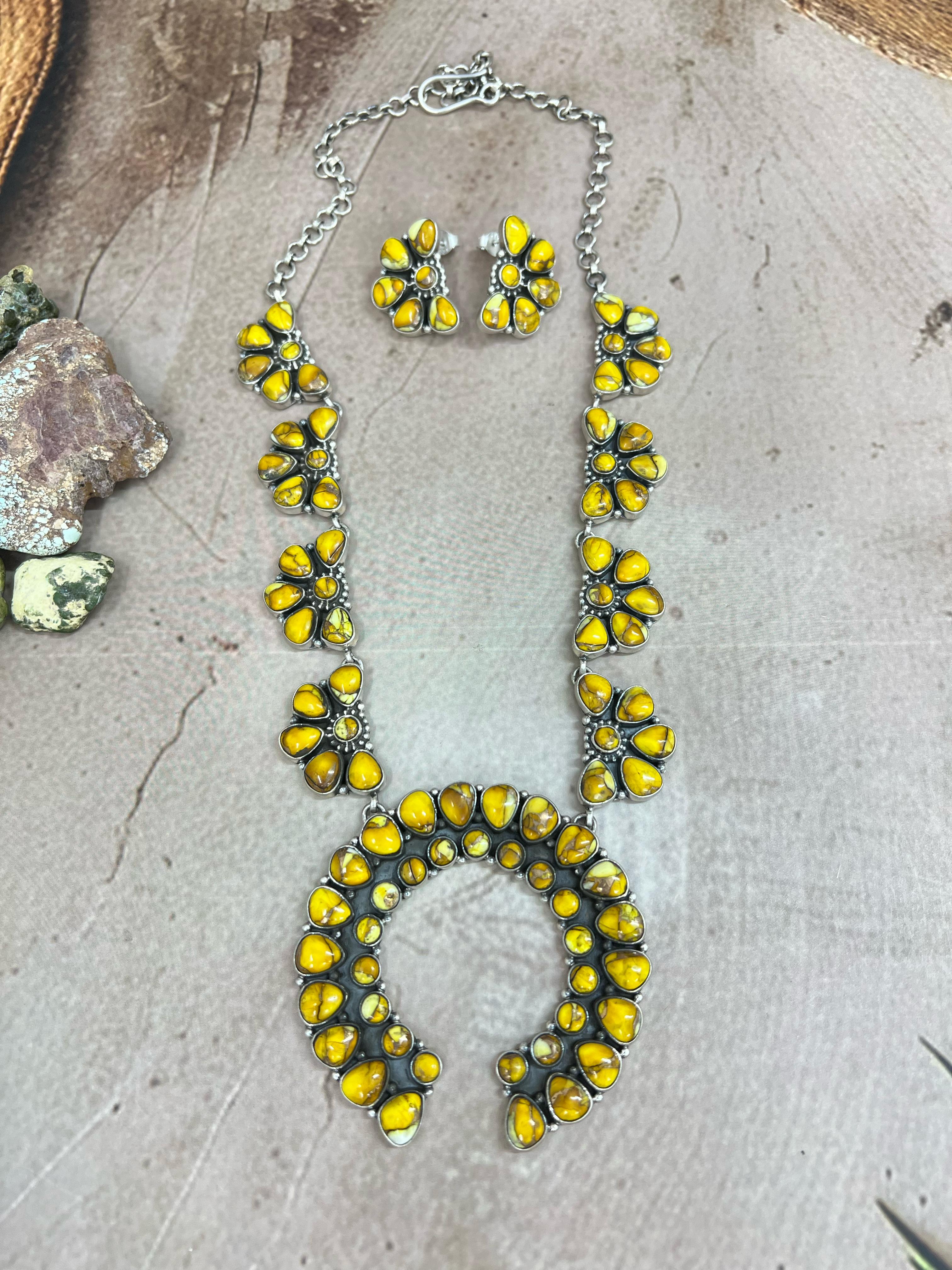 Handmade Sterling Silver Honey Dahlia Squash Blossom Necklace Post Earrings, Signed Nizhoni